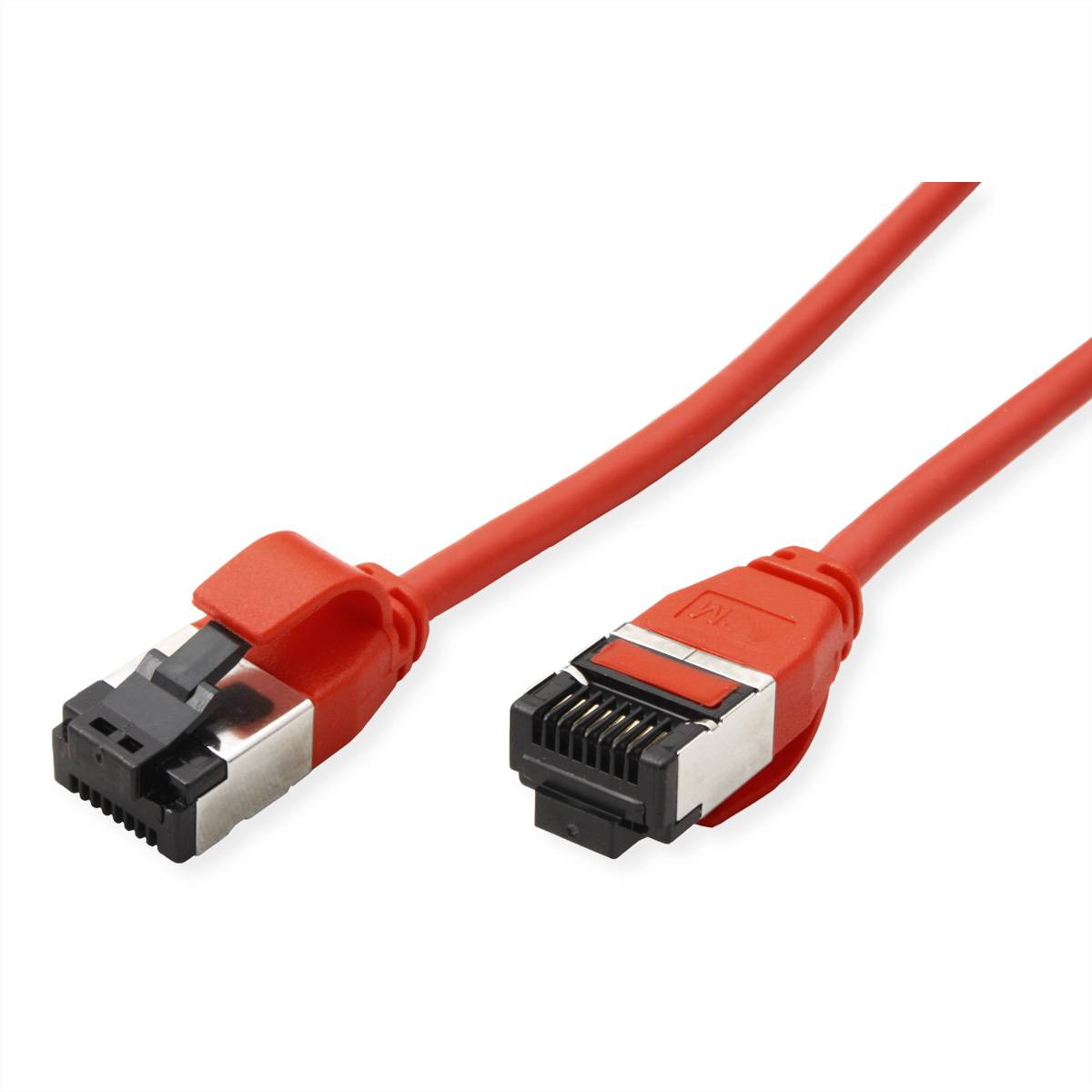 Ein rotes SATA-Kabel mit Metallsteckern an beiden Enden, das zum Verbinden von Computerspeichergeräten mit dem Mainboard ausgelegt ist.