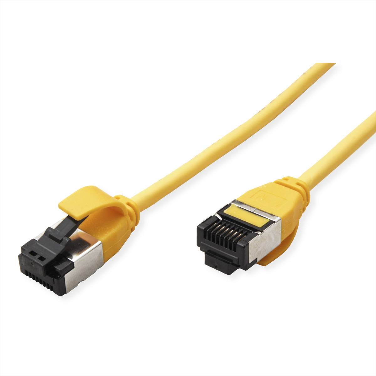 Ein gelbes Netzwerkkabel mit einem schwarzen Stecker auf der einen Seite und einem silbernen Stecker auf der anderen Seite, das zur Datenübertragung verwendet wird.