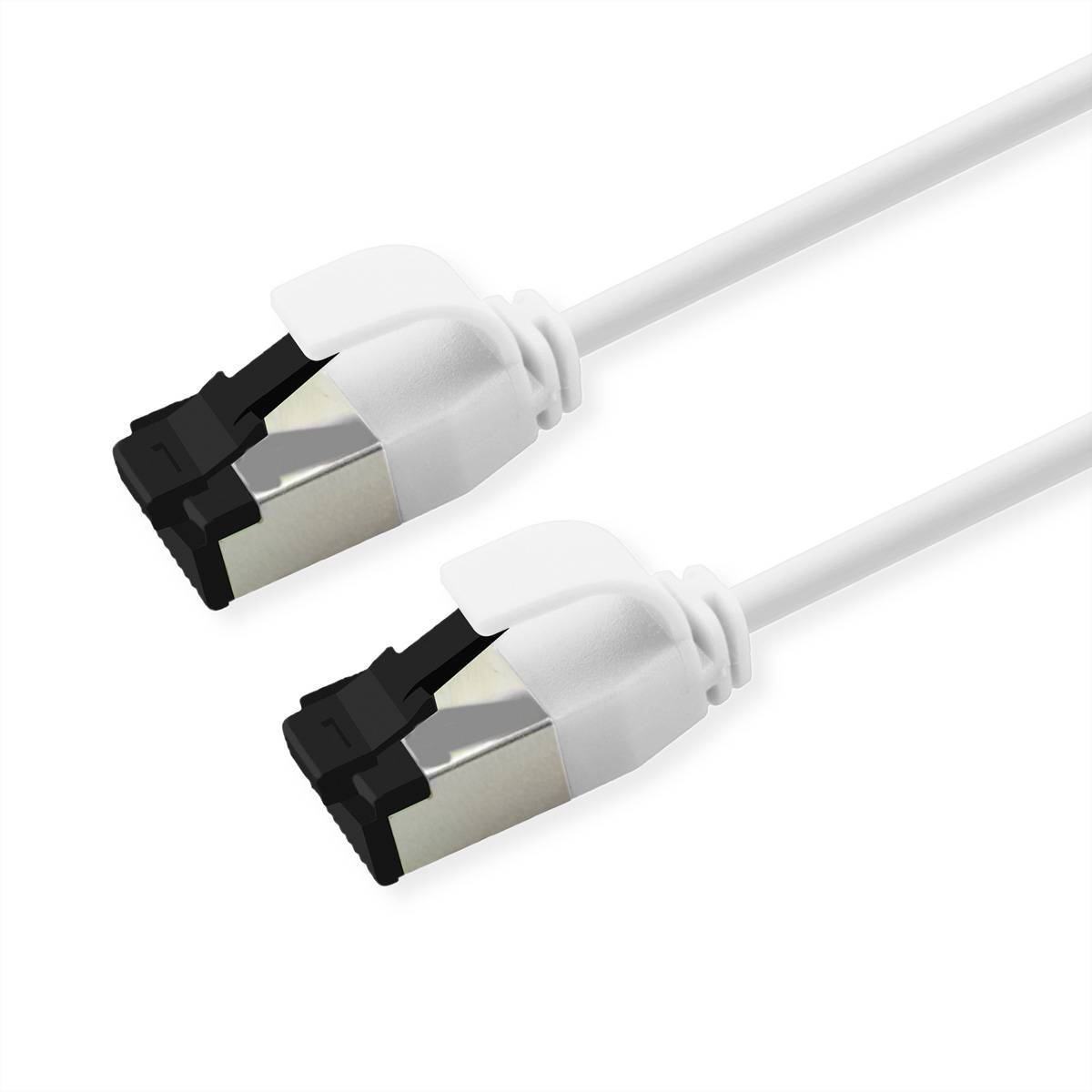 Zwei weiße Netzwerkkabel mit schwarzen Steckern an jedem Ende, parallel zueinander ausgerichtet.