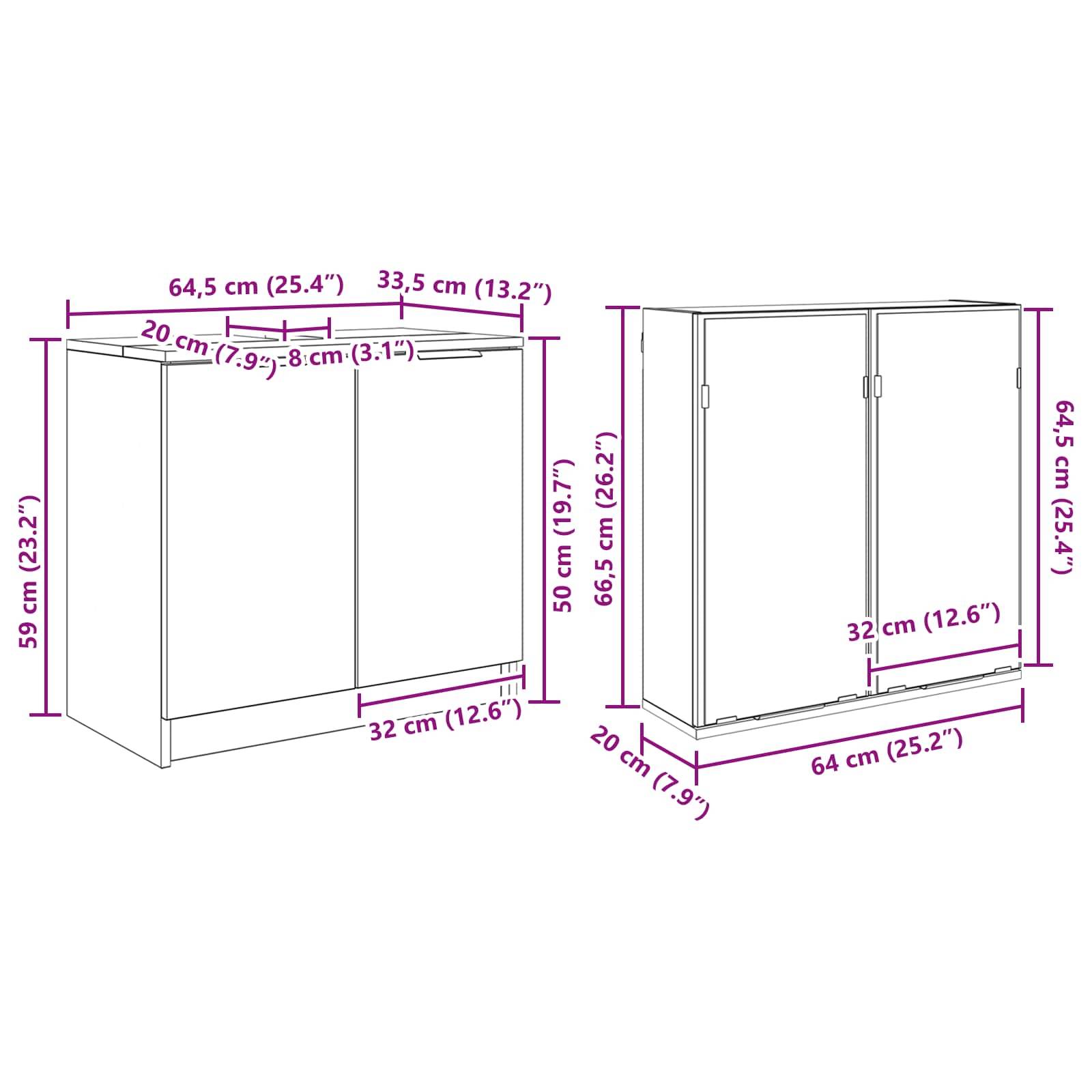 Diagramm mit zwei Schränken und Maßen. Linker Schrank: 64,5 cm breit, 59 cm hoch, 32 cm tief. Rechter Schrank: 64 cm breit, 64,5 cm hoch, 20 cm tief.