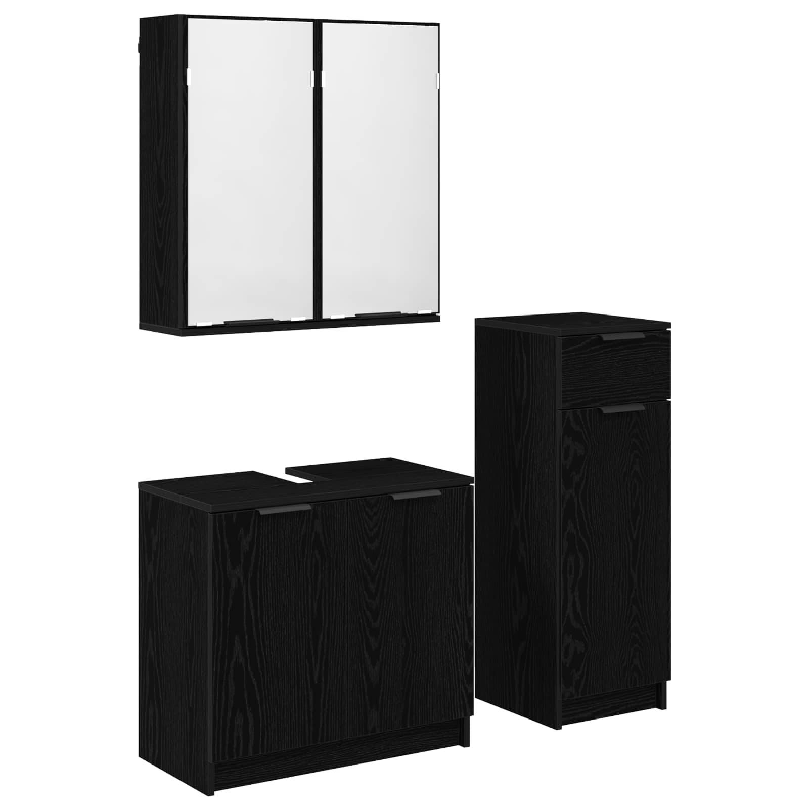 Schwarzes Holz Waschtisch-Set mit Spiegelschrank, zwei schwarzen Schränken mit flachen Oberflächen, eleganten Griffen, geeignet für Badezimmer-Stauraum und Dekoration.