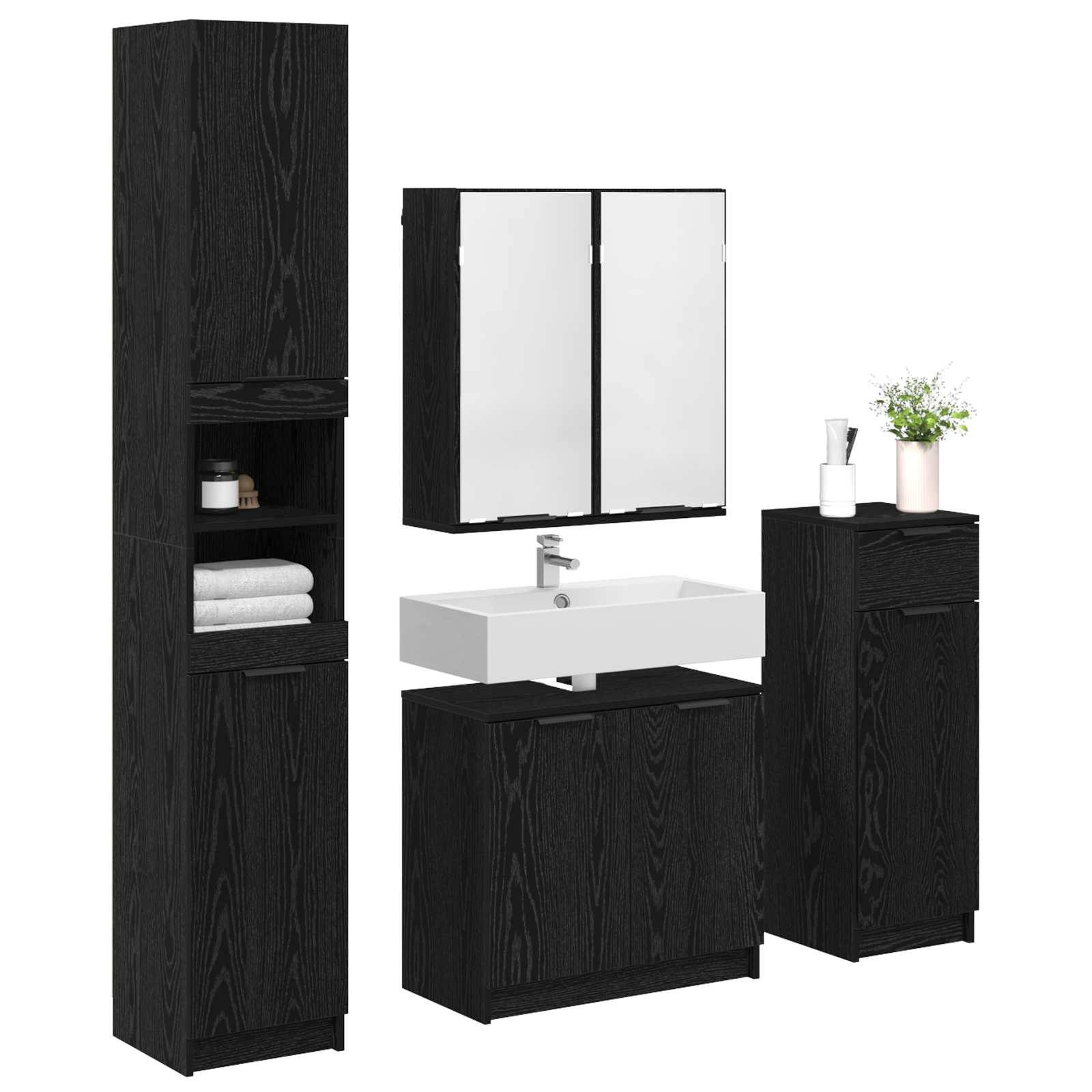 Schwarzes Badmöbel-Set mit einem hohen Schrank, Spiegelwandschrank, Waschbecken mit Unterschrank-Stauraum und einem kleineren Schrank.