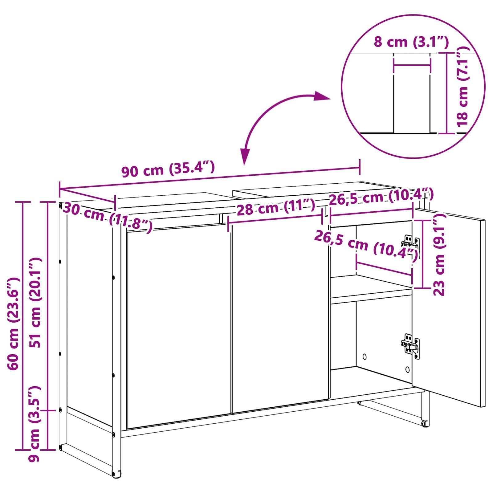 Ein Diagramm, das einen Schrank mit folgenden Abmessungen zeigt: 90 cm breit, 60 cm tief und 51 cm hoch. Er verfügt über ein Regal und eine Tür mit zusätzlichen detaillierten Maßangaben.