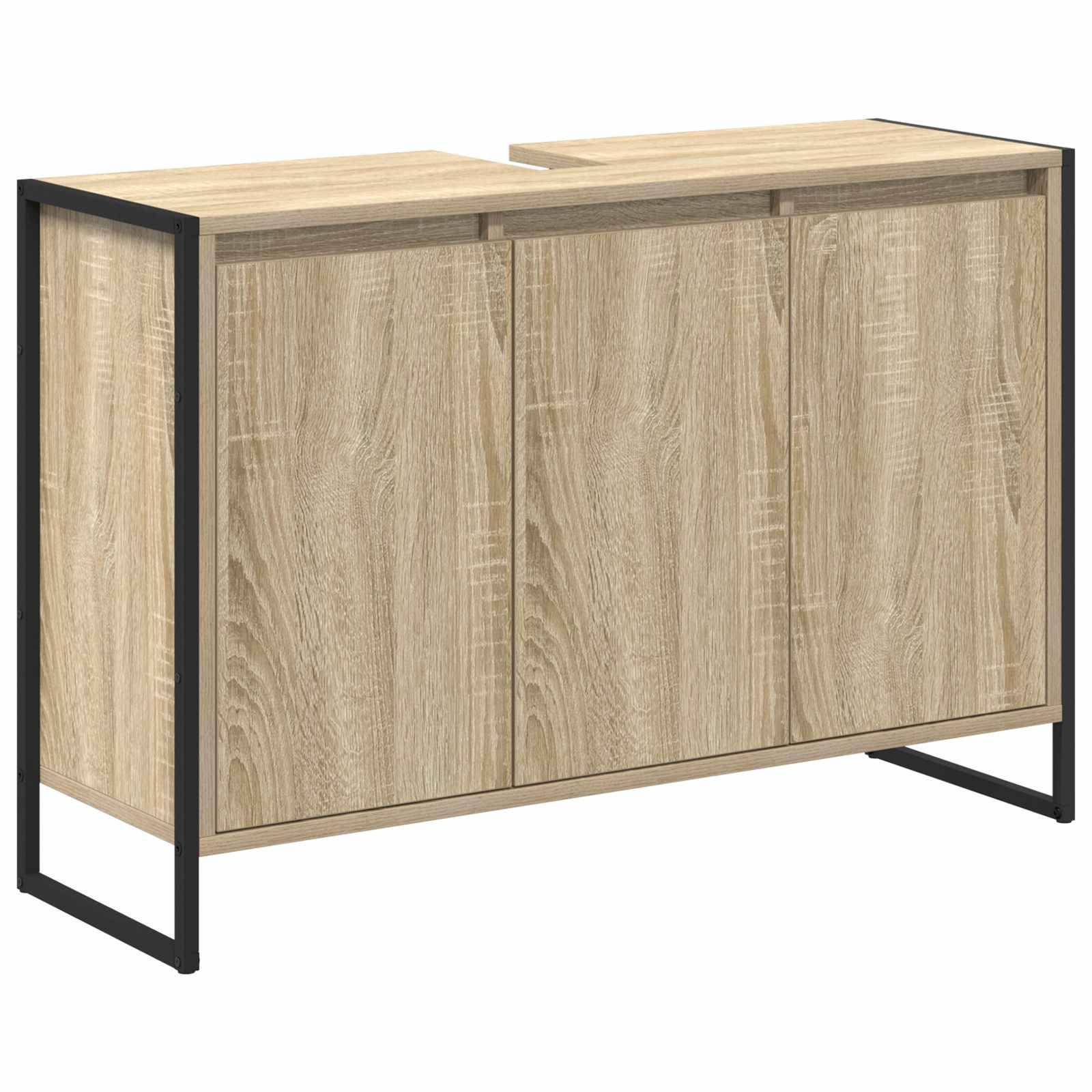 Ein modernes Sideboard aus Holz mit natürlicher Oberfläche, ausgestattet mit drei Schranktüren und schwarzen Metallrahmenkanten, präsentiert vor einem weißen Hintergrund.