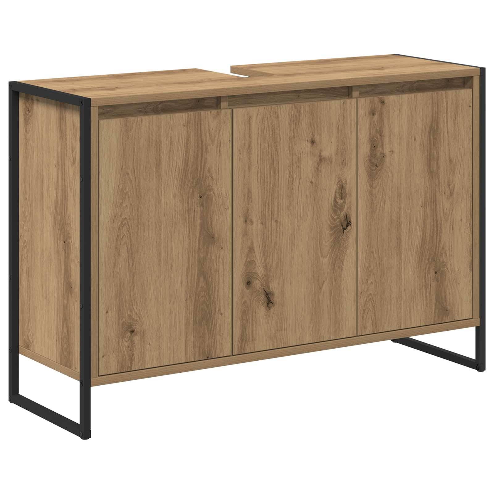 Ein Sideboard aus Holz mit drei Türen und einem schwarzen Metallgestell. Die Oberfläche hat eine natürliche Holzoptik mit sichtbaren Maserungsstrukturen.