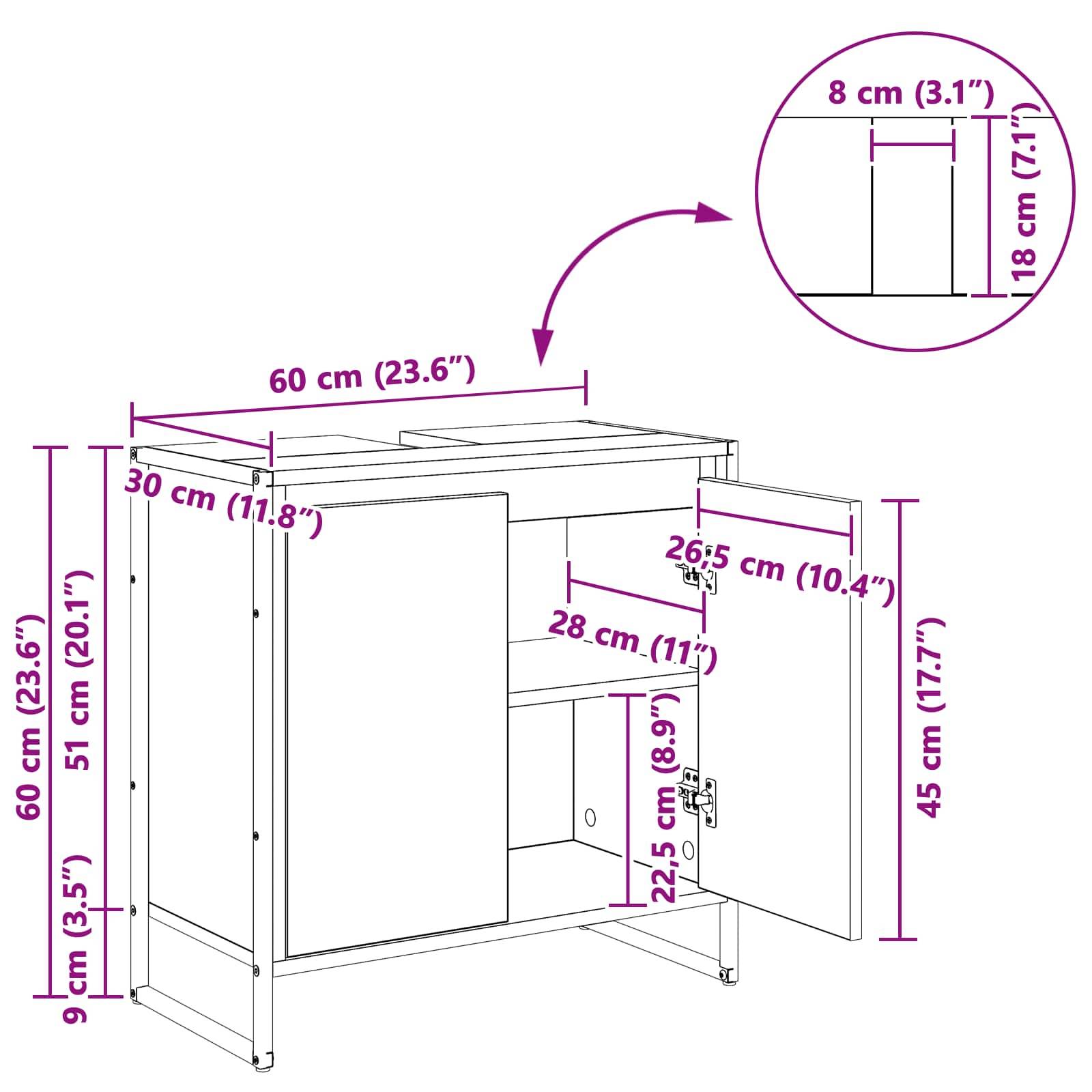 Montagezeichnung eines Schranks mit Abmessungen: 60 cm breit, 51 cm hoch, 30 cm tief. Türen 26,5 cm breit, 28 cm hoch. Regalhöhe 22,5 cm.