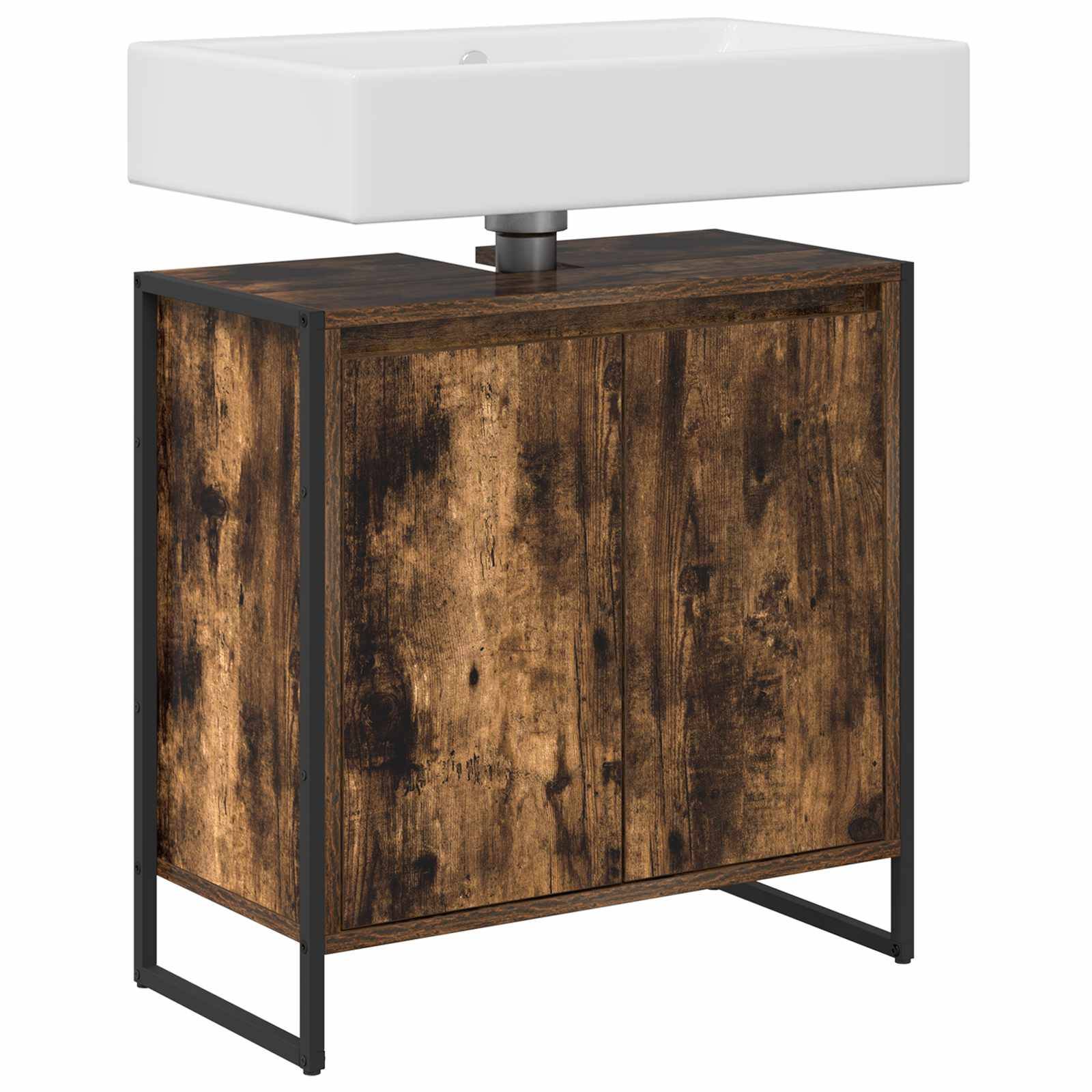 Eine Badezimmerschrankplatte aus Holz mit einem weißen rechteckigen Waschbecken und schwarzem Metallrahmen, die einen rustikalen Finish und eine offene Schrankgestaltung aufweist.