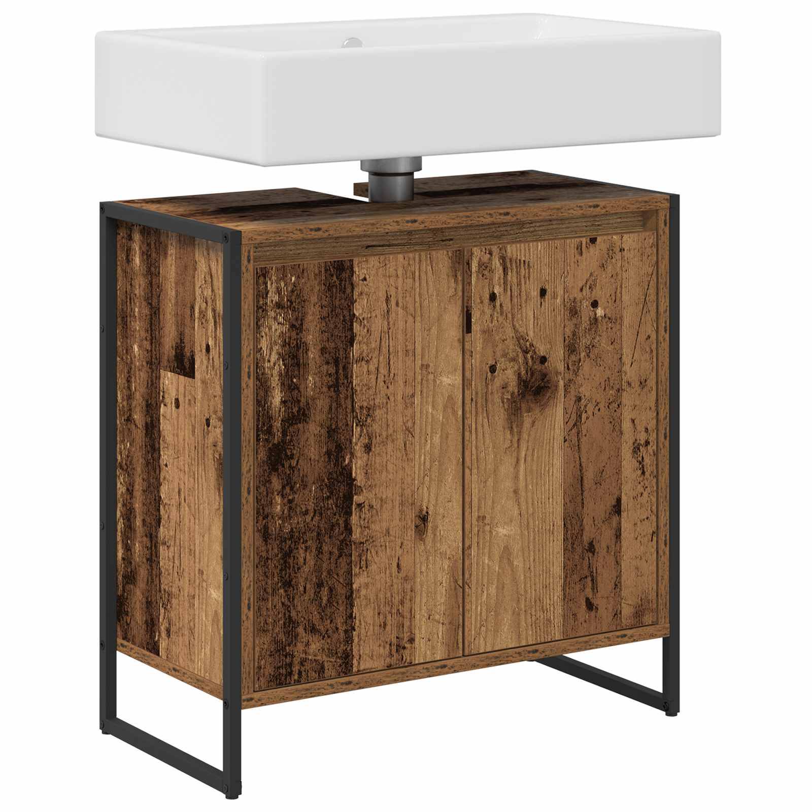 Ein modernes Badezimmerwaschbecken mit einem weißen rechteckigen Becken steht auf einem Holzschrank mit rustikaler Gestaltung und Metallrahmen.