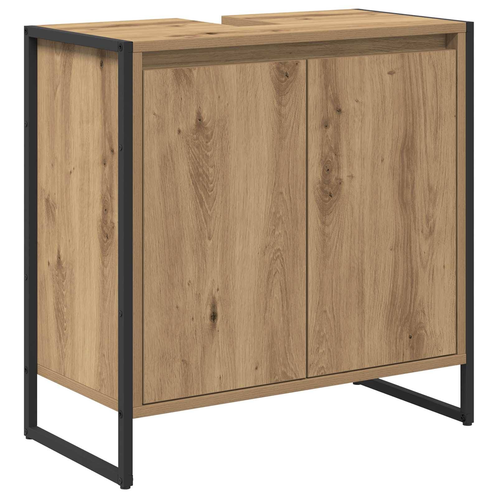 Ein brauner Holzschrank mit schwarzem Metallrahmen, ausgestattet mit zwei großen Türen und einem minimalistischen Design. Geeignet für moderne Innenräume.