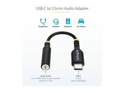 USB-C zu 3,5mm Audio-Adapter' Beschriftete Grafik zeigt Anschlüsse für Kopfhörer, Headset, Lautsprecher, Autoradio. USB-C zu 3,5mm Stecker.