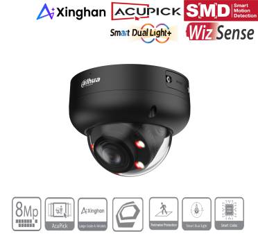 Werbebild einer Dahua-Domenkamera mit Logos für Xinghan, AcuPick, SMD, Smart Dual Light und WizSense, sowie Funktionssymbolen einschließlich 8MP und intelligenter Analytik.