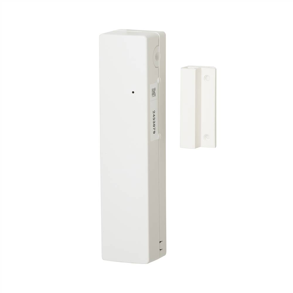 Weißer kabelloses Türfenster-Sensor und separater Magnetkontakt auf weißem Hintergrund.