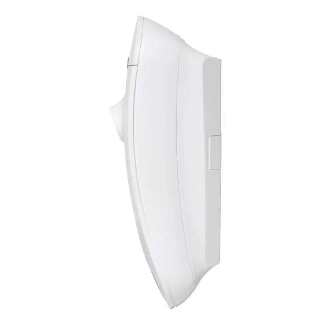 Weißer wandmontierter Alarmsensor, Seitenansicht, mit abgerundetem rechteckigem Gehäuse und kleinem seitlichem Knopf.