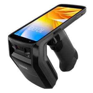 Ein tragbarer Smartphone-Barcodescanner mit dem Telefon oben montiert, mit Griffauslöser und Scannerfenster für Einzelhandel oder Bestandsverwaltung.