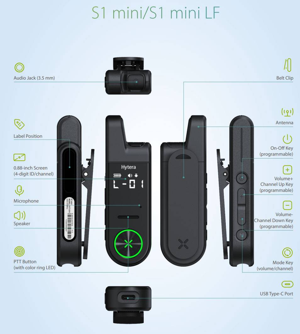 Hytera Digitalfunk-Komponenten mit beschrifteten Teilen: Audiobuchse, Gürtelclip, LED-Bildschirm, Lautstärkeregler und USB-Typ-C-Anschluss.