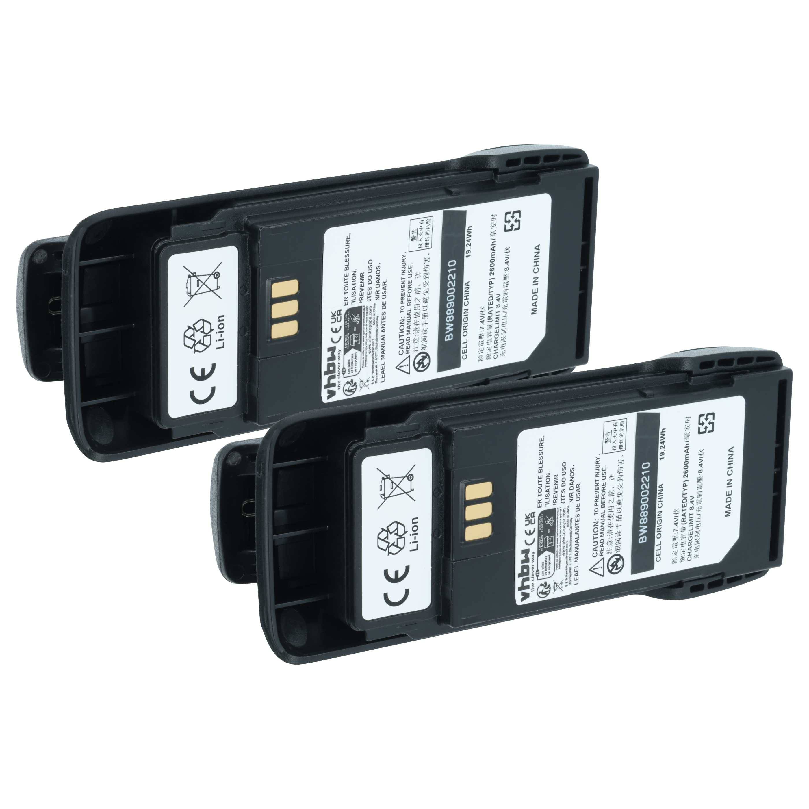vhbw 2x Akku kompatibel mit Motorola R2 Funkgerät, Walkie Talkie (2600 mAh, 7,4 V, Li-Ion) + Gürtelclip
