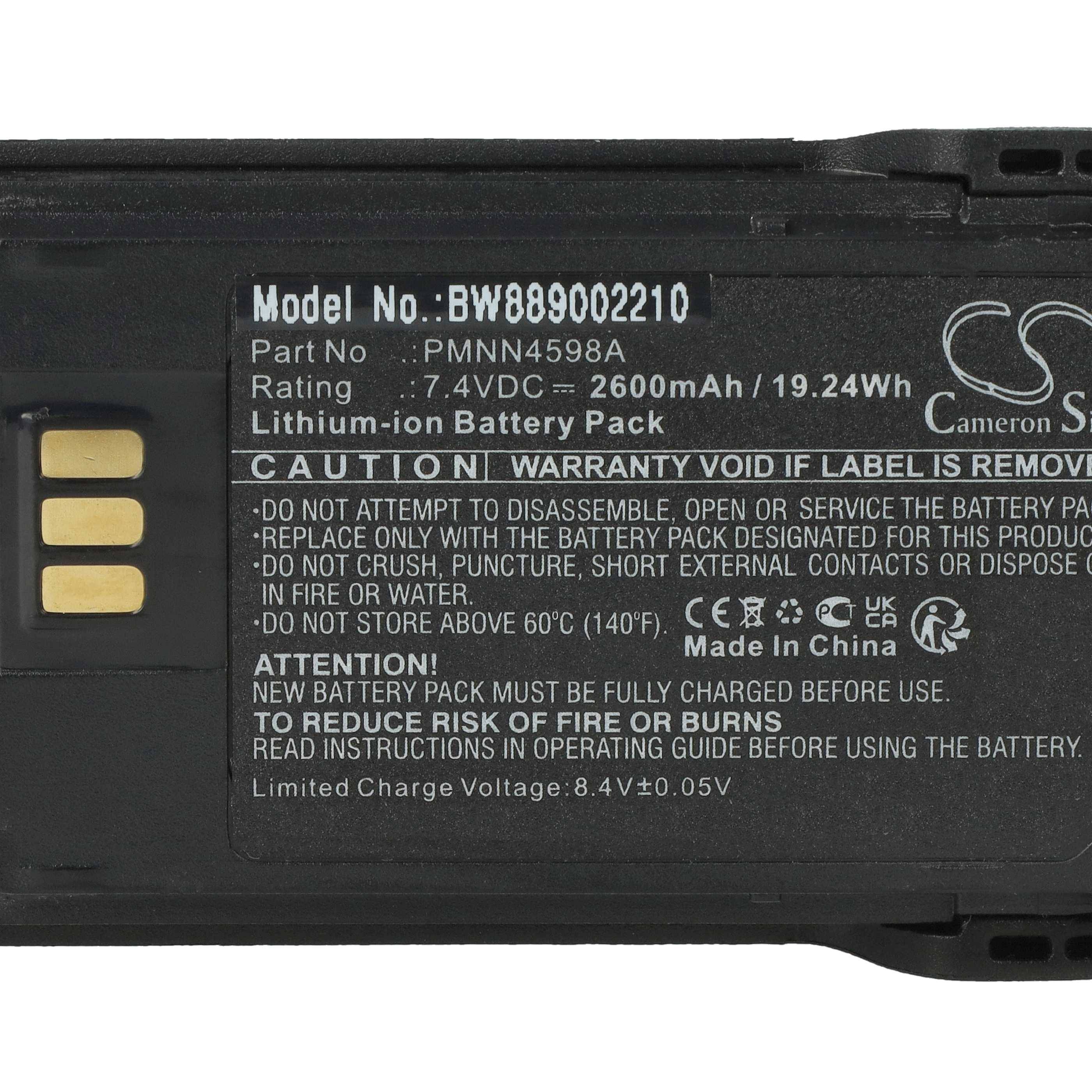 Batterie-Etikett mit Modellnummer 'BW889002210', Bewertung '7.4VDC, 2600mAh, 19.24Wh'. Hinweise zur Verwendung, Temperaturgrenzwerte und Entsorgung vermerkt.