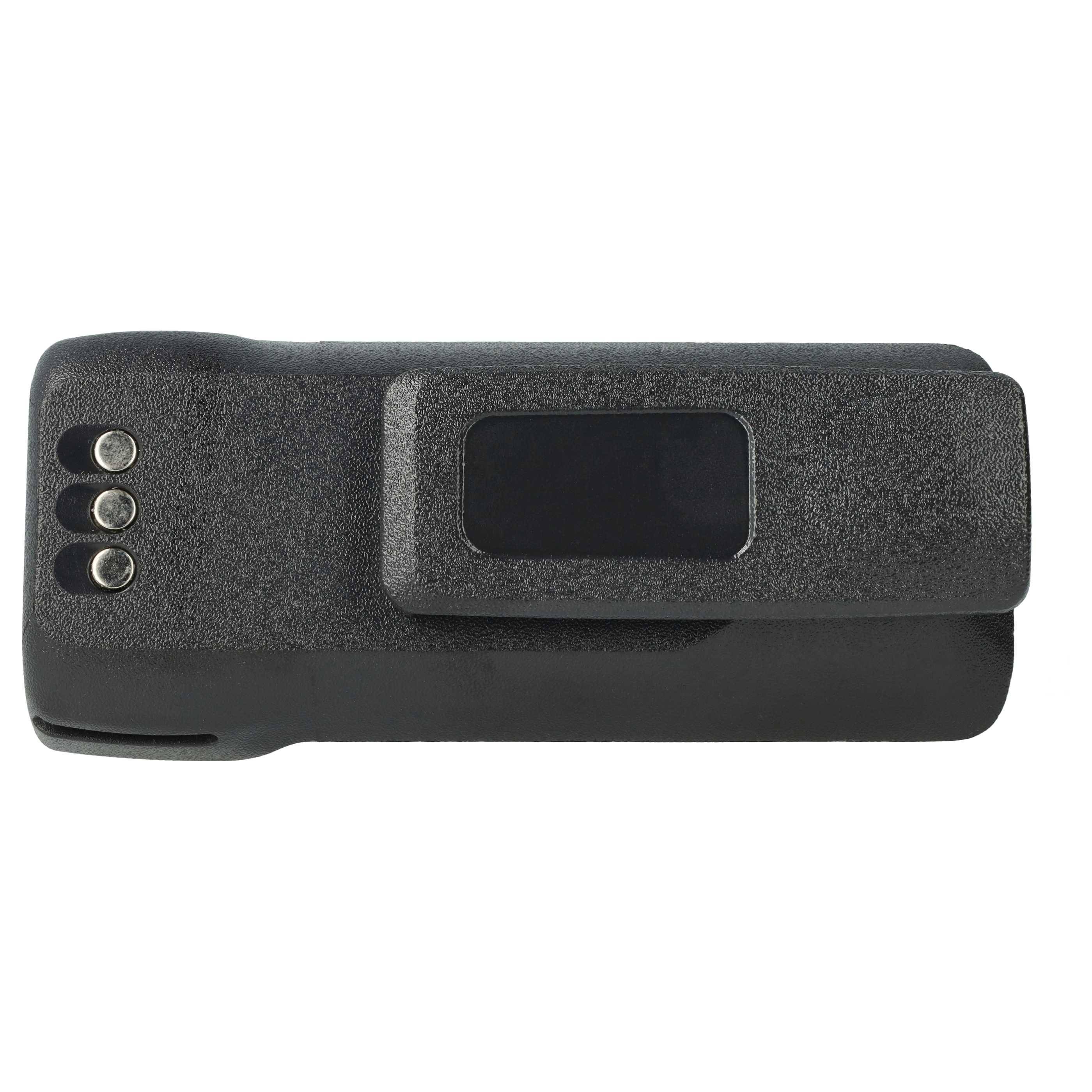 Ein schwarzes elektronisches Gerät mit drei kleinen runden Tasten an der Seite und einem Clip, ähnlich einem Pager oder kleinen Kommunikationswerkzeug.