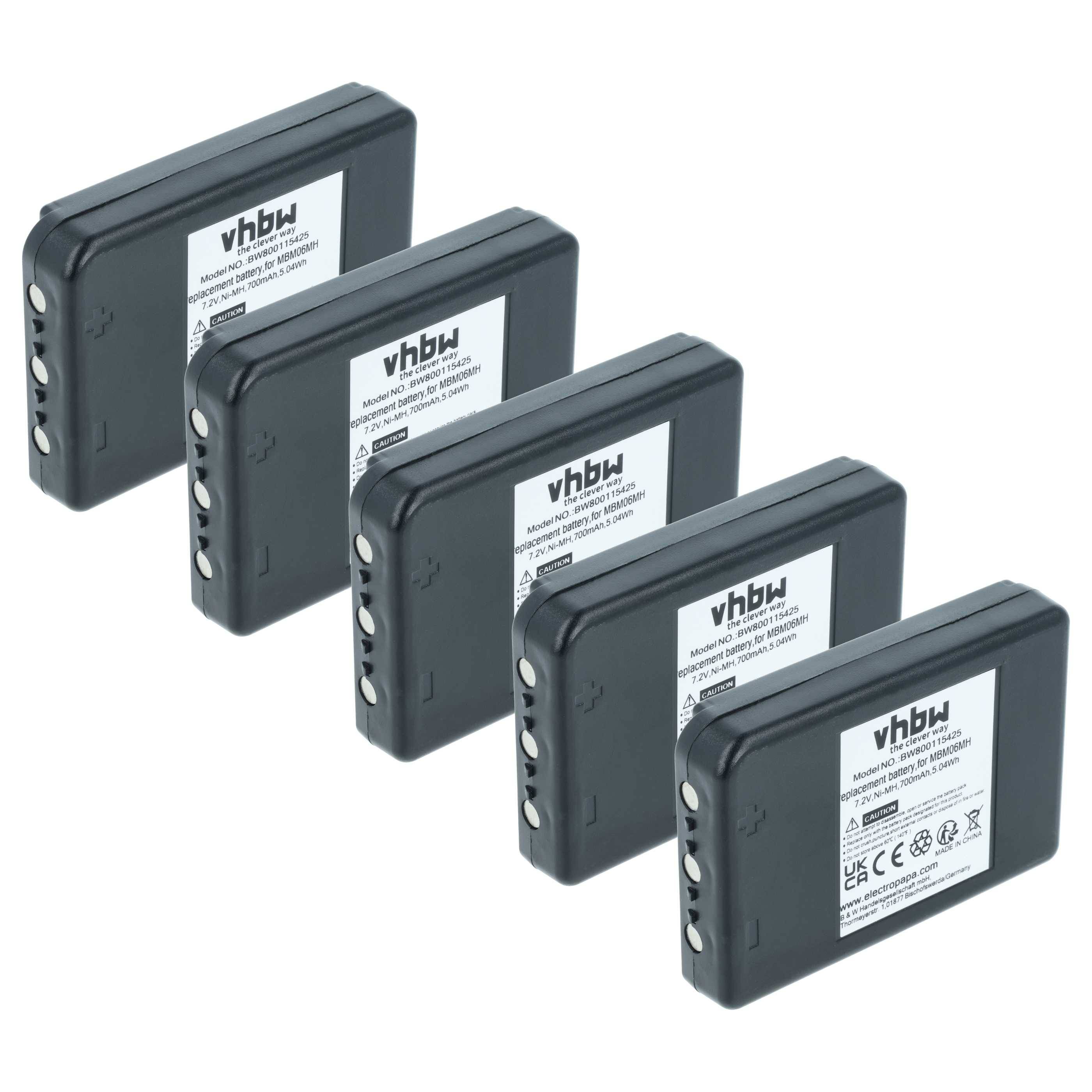 Fünf schwarze Ersatzbatterien der Marke vhbw sind in einer Reihe aufgereiht und zeigen Etiketten mit Spezifikationen und Sicherheitssymbolen.