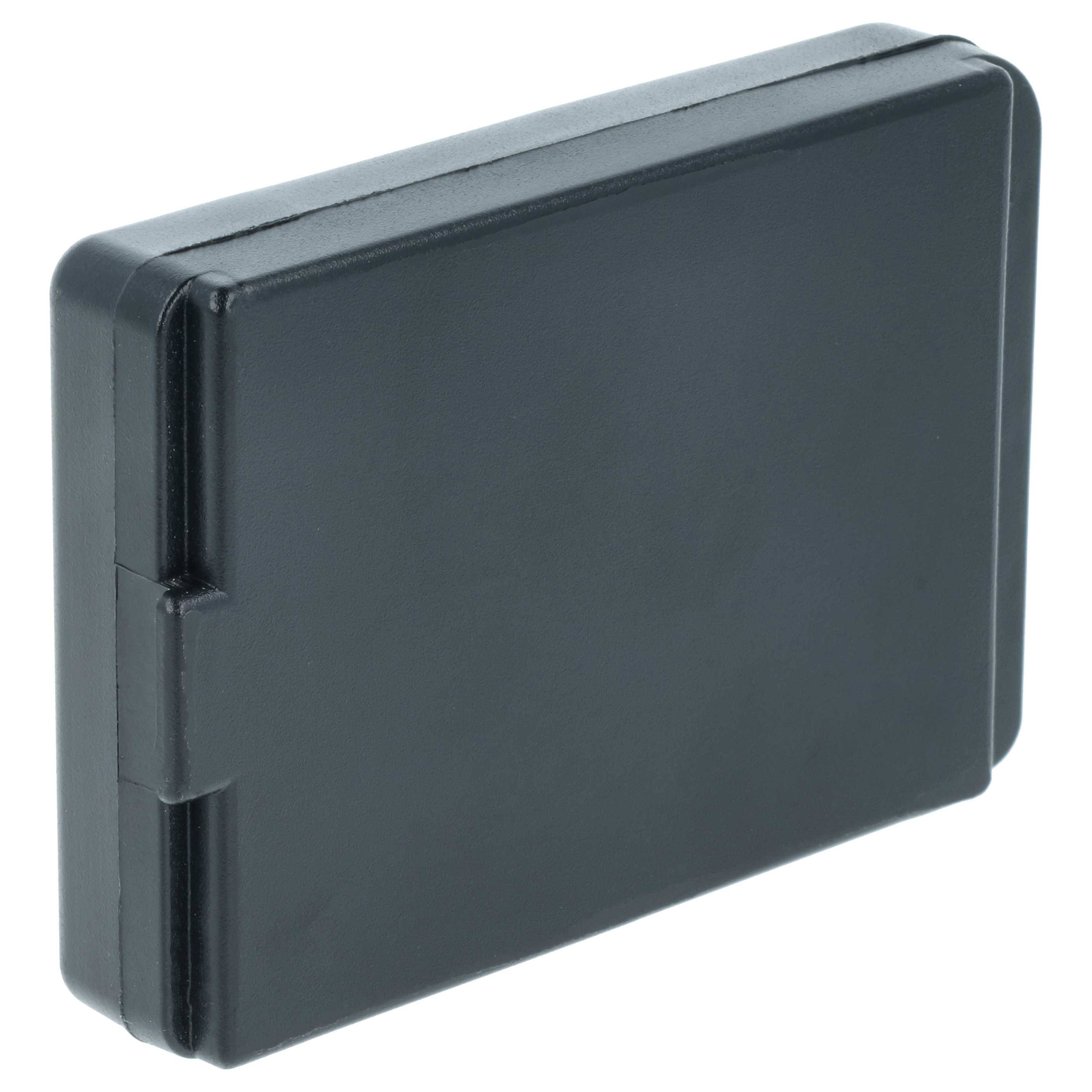 Eine schwarze rechteckige Plastikbox mit abgerundeten Kanten, geschlossen und auf einer Oberfläche ruhend.