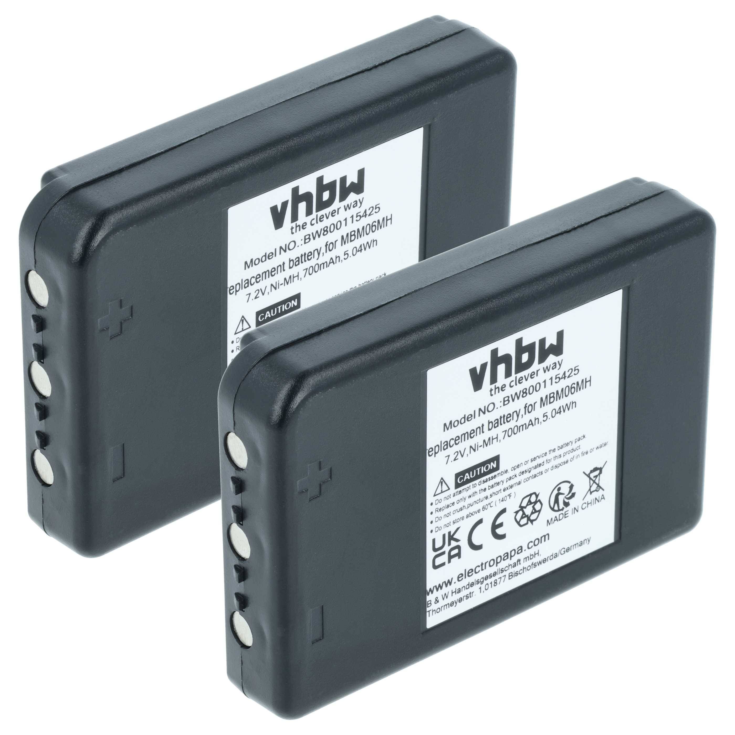 Zwei rechteckige schwarze Batterien mit Etiketten, die Modellnummer, Spannung und Kapazität anzeigen. Sie sind als Ersatz für bestimmte Geräte vorgesehen.