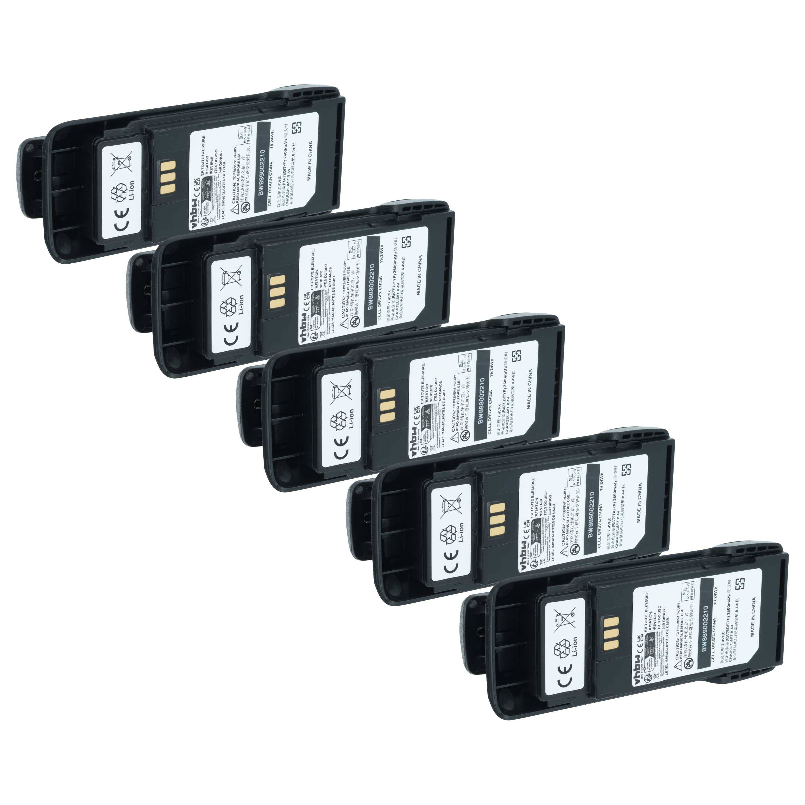 vhbw 5x Akku Ersatz für Motorola PMNN4600A, PMNN4598A für Funkgerät, Walkie Talkie (2600 mAh, 7,4 V, Li-Ion) + Gürtelclip