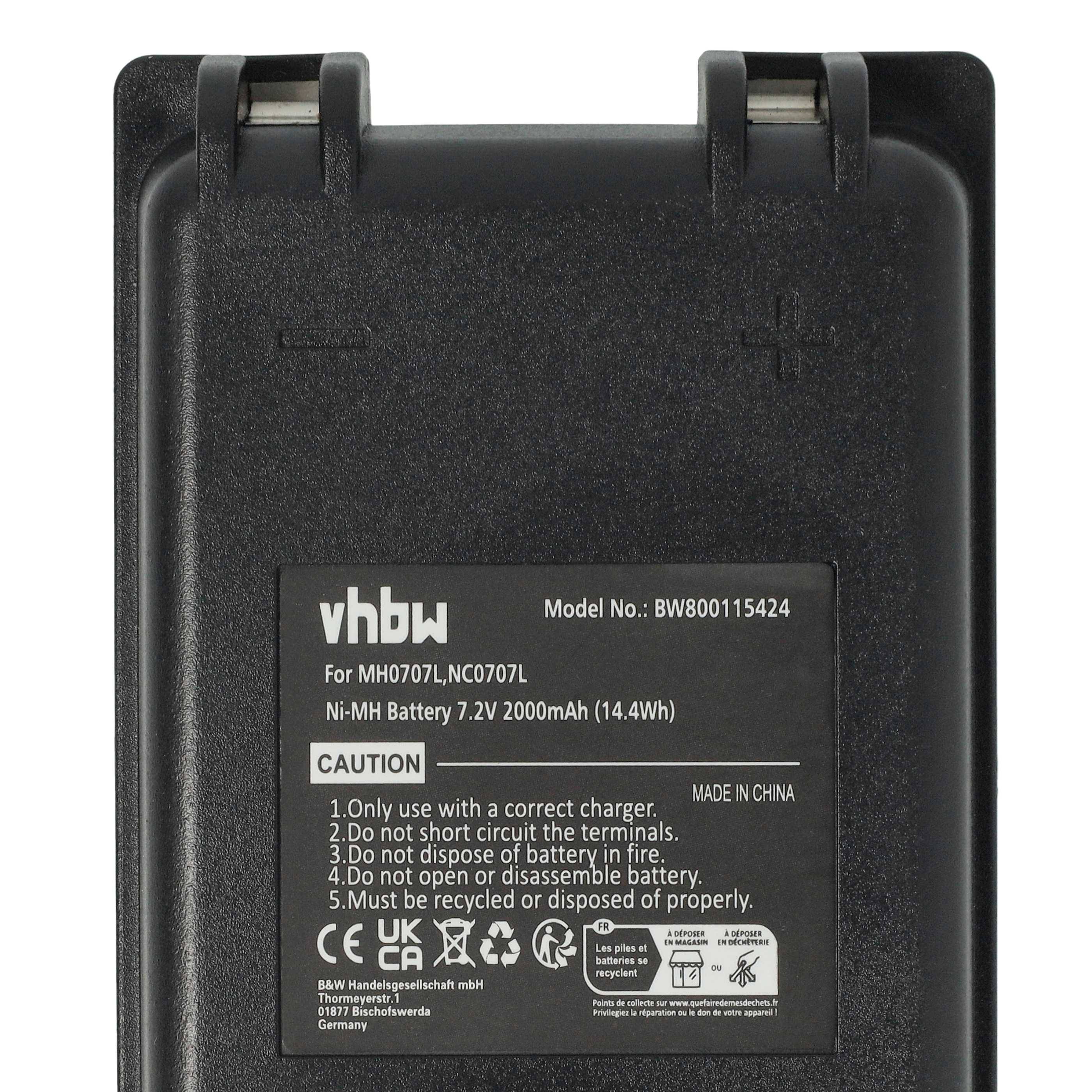 Das Bild zeigt ein VHBU-Batterieladegerät mit einem Etikett. Es weist die Modellnummer BW800115424 auf und lädt eine 7,2V 2000mAh Batterie. Die Anweisungen beinhalten ein Verbot der Demontage und die ordnungsgemäße Entsorgung.