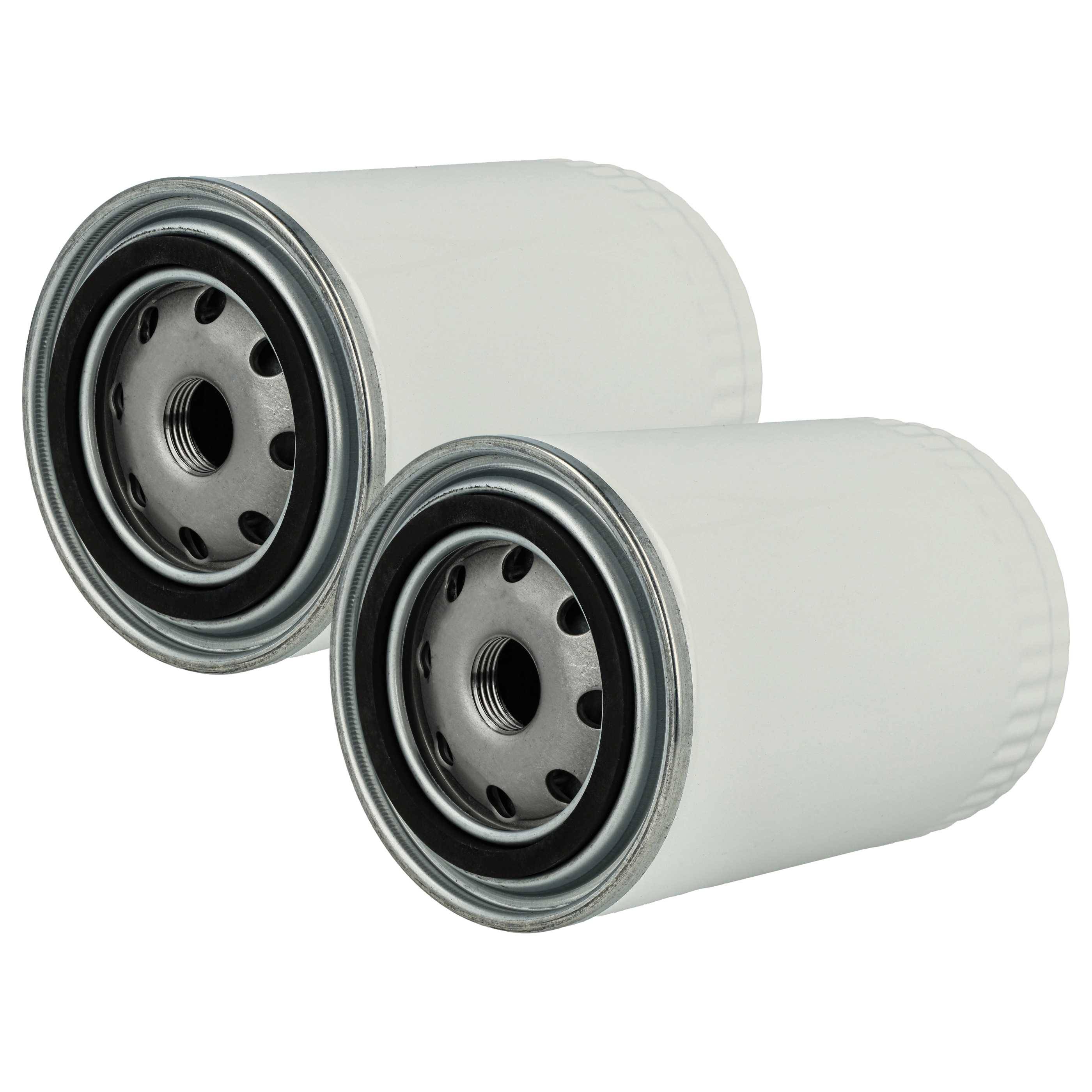 Zwei weiße zylindrische Ölfilter mit metallischen Enden nebeneinander, die die Gewindeeingangslöcher auf jedem Filter zeigen.
