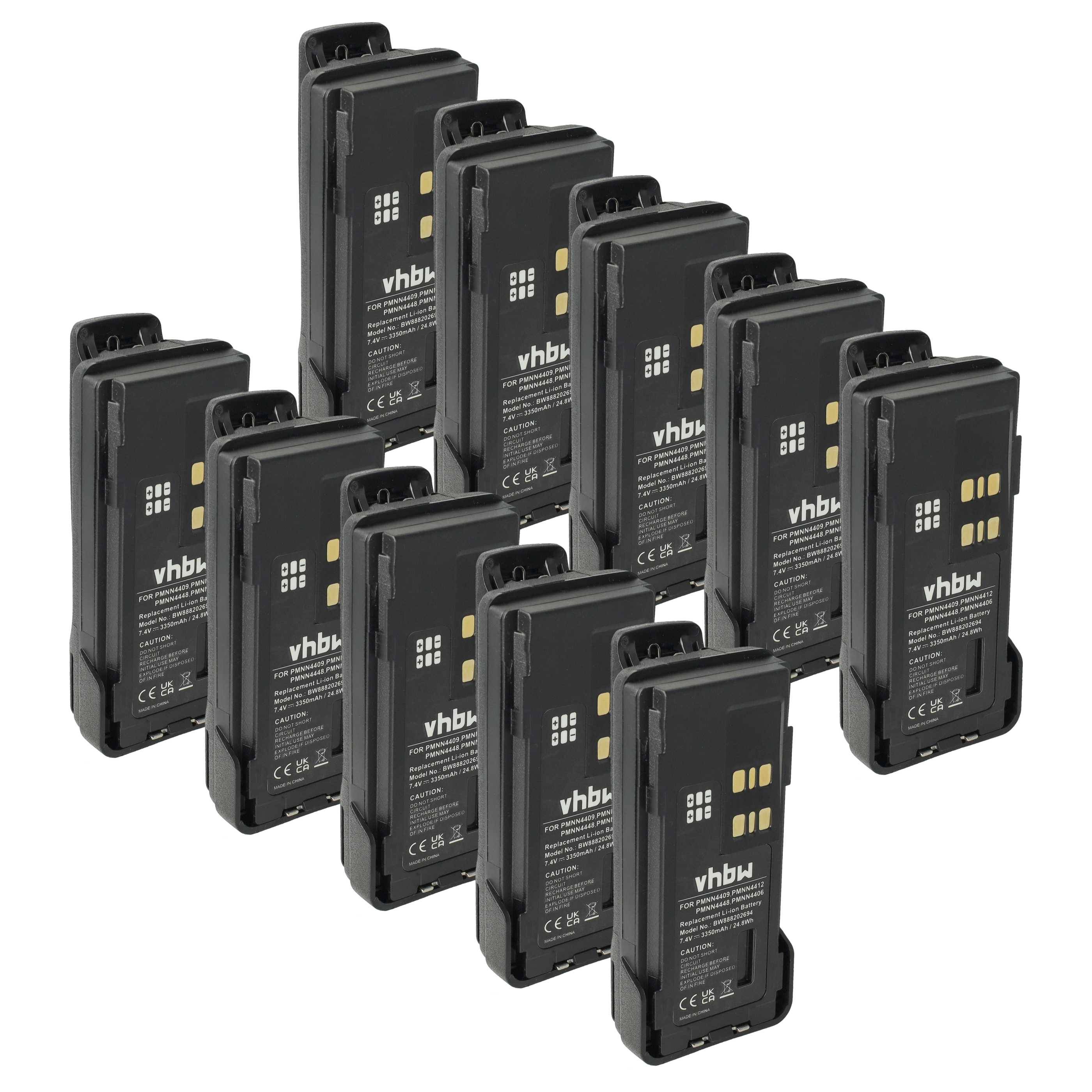 Zehn schwarze vhbw-markierte wiederaufladbare Batterien sind in zwei Reihen angeordnet, wobei jede Batterie sichtbare goldene Kontakte und weiß gedruckte Spezifikationen aufweist.