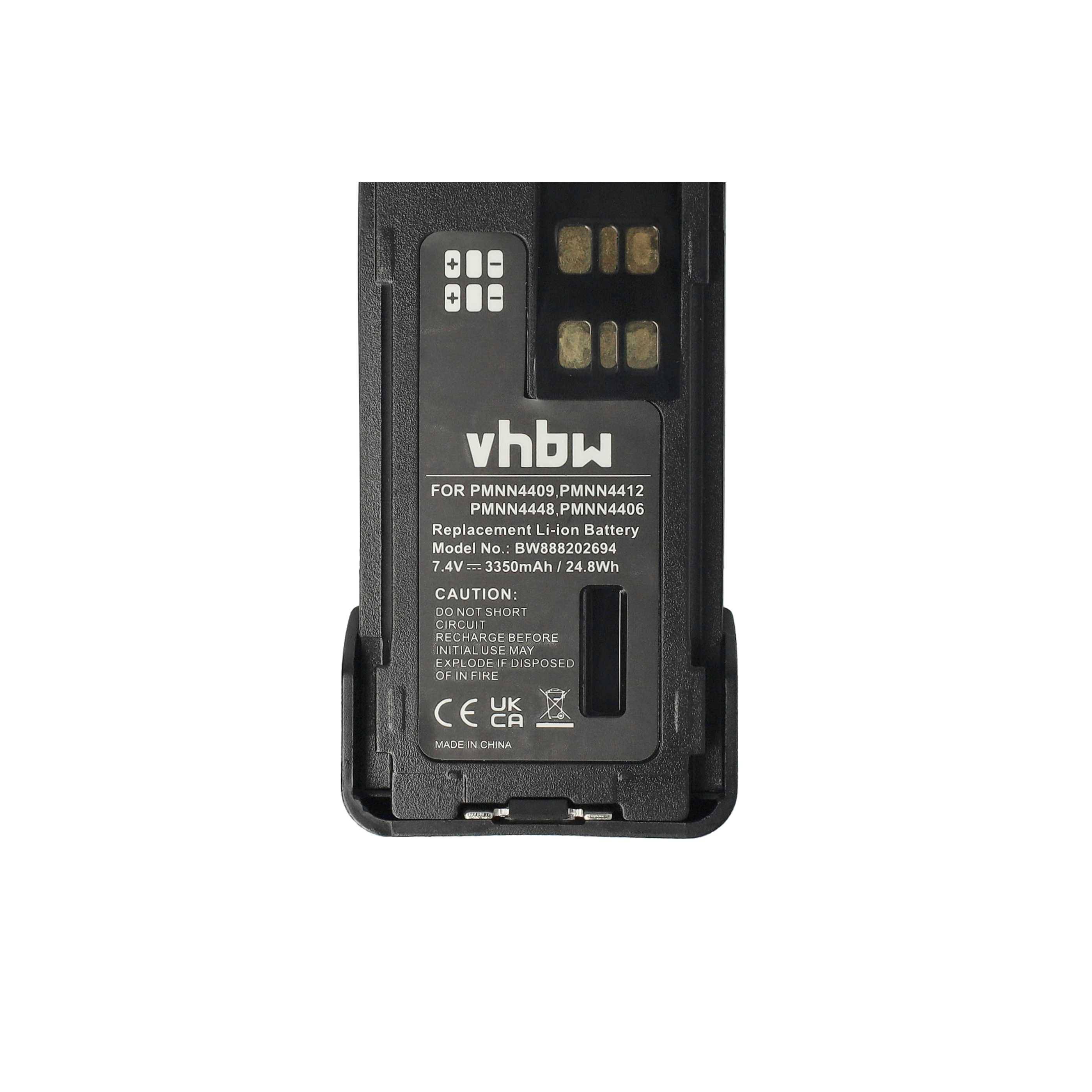 Ein vhbw Ersatz-Lithium-Akku, Modellnummer BW-89246812. Technische Daten: 7,4V, 3500mAh, 25,9Wh. Warnhinweise aufgeführt.