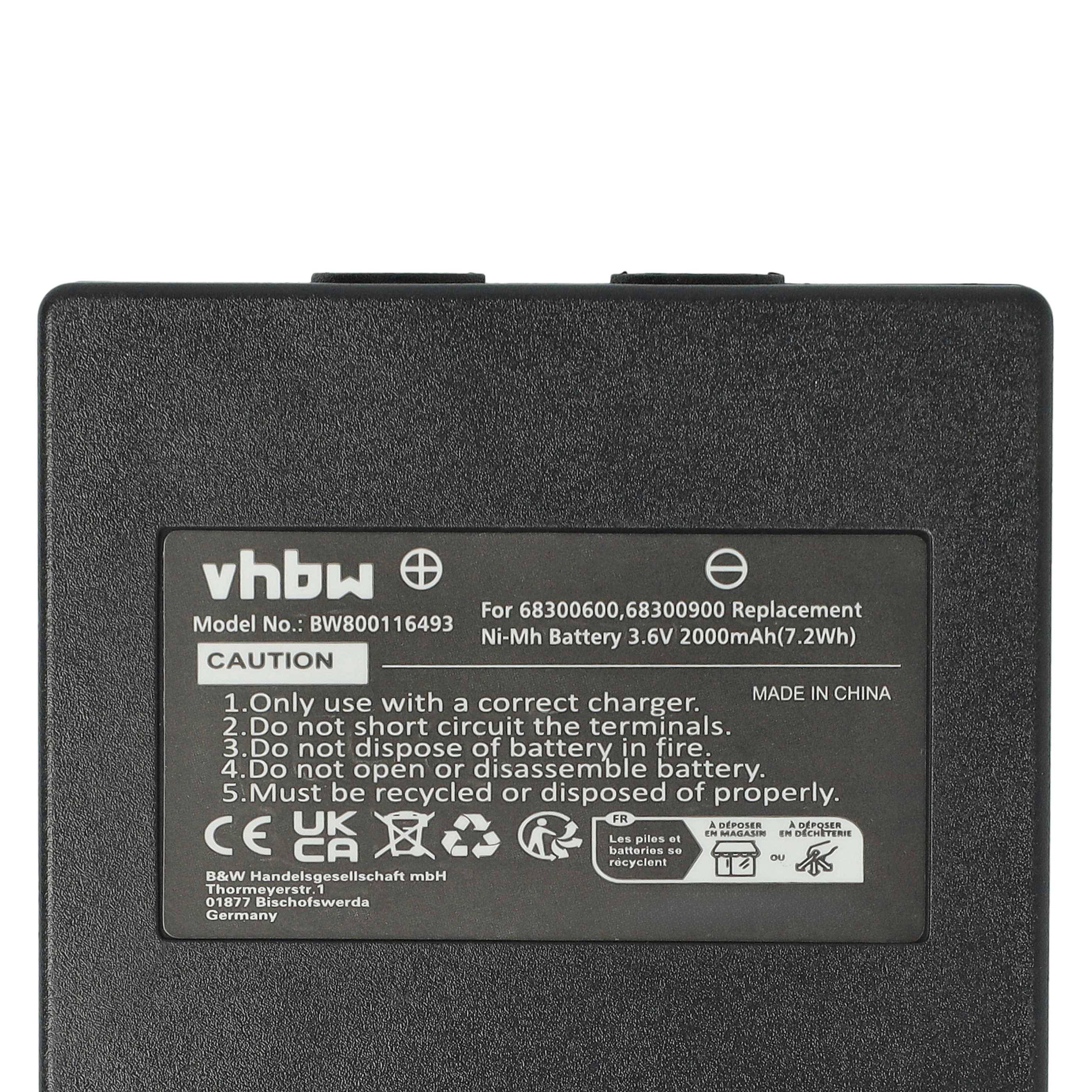 Schwarze wiederaufladbare Batterie mit Etikett: 'vhbw Modell: BW800116493'. Warnhinweise: Verwenden Sie nur das richtige Ladegerät, nicht kurzschließen, Feuer vermeiden. Hergestellt in China.