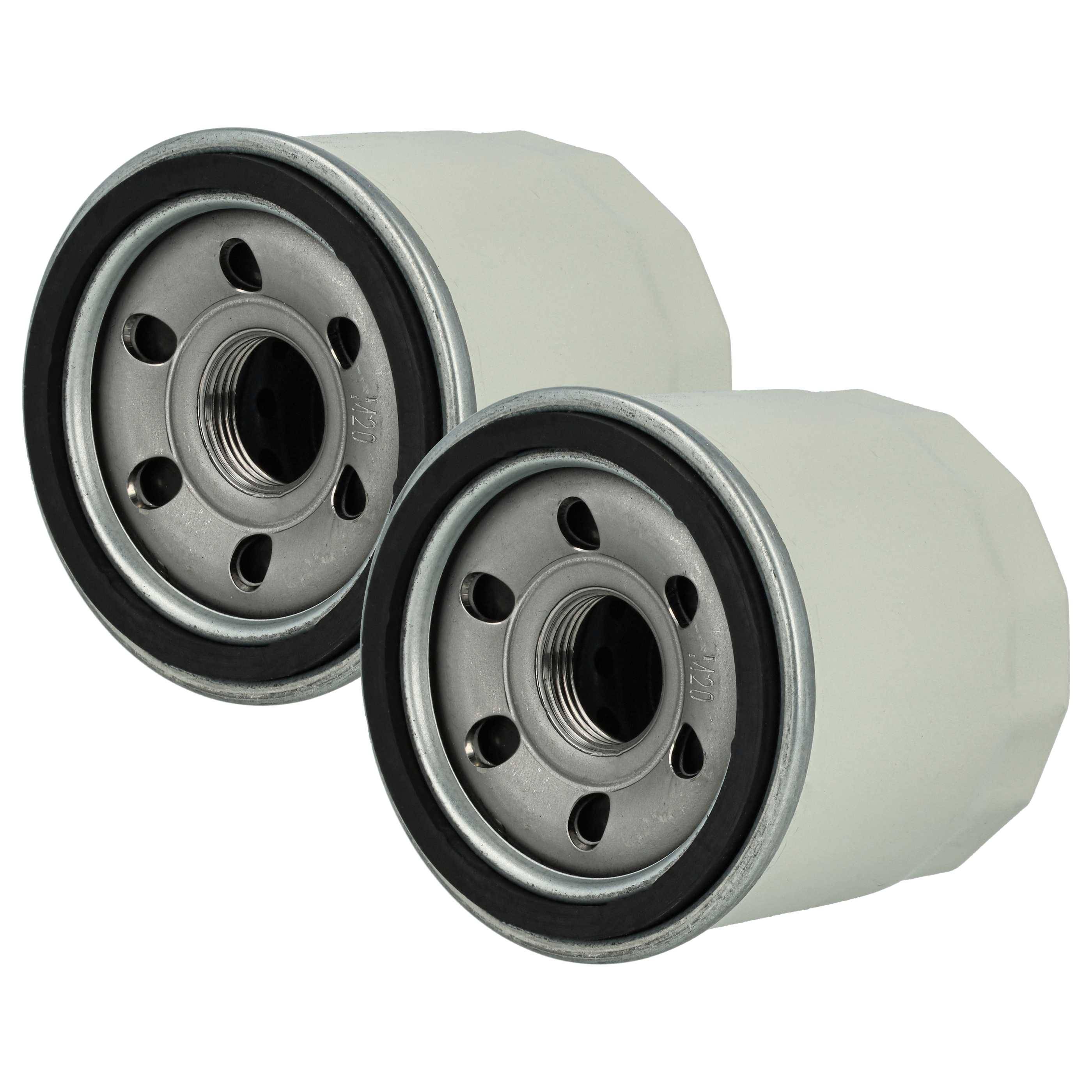 Zwei zylindrische Ölfilter mit Metalloberteilen und kreisförmigen Öffnungen, nebeneinander angeordnet, verwendet für die Wartung von Automotoren.