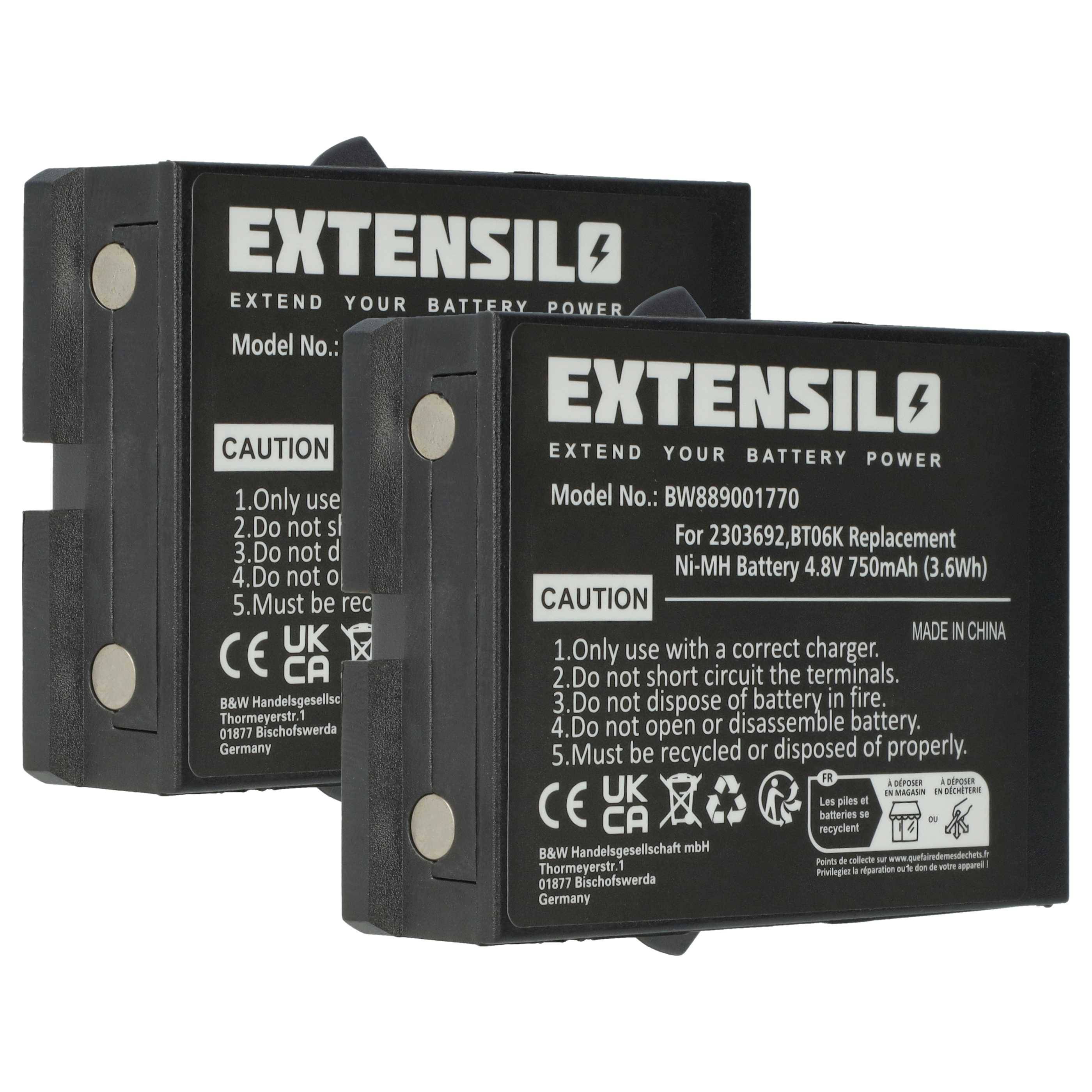 Zwei schwarze Extensilo-Akkus mit der Modellnummer BWB89001770, kompatibel mit 230692, BT06K. Jeder mit 4,8V, 750mAh, 3,6Wh. Warnhinweis angezeigt.