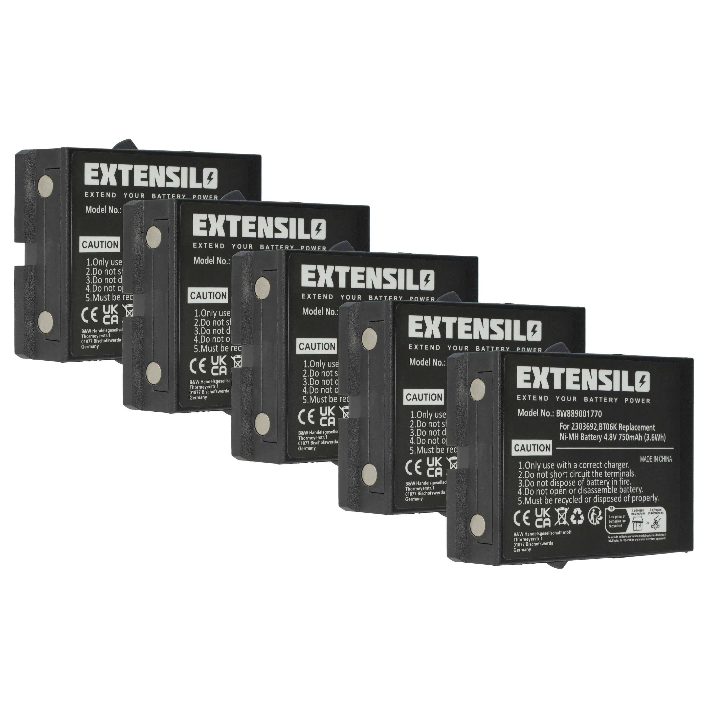 Fünf schwarze 'Extensilo' Akkupacks sind in einer Reihe ausgerichtet. Jeder Pack verfügt über Produktinformationen und Symbole auf seinem Etikett, die Spezifikationen und Sicherheitswarnungen anzeigen.