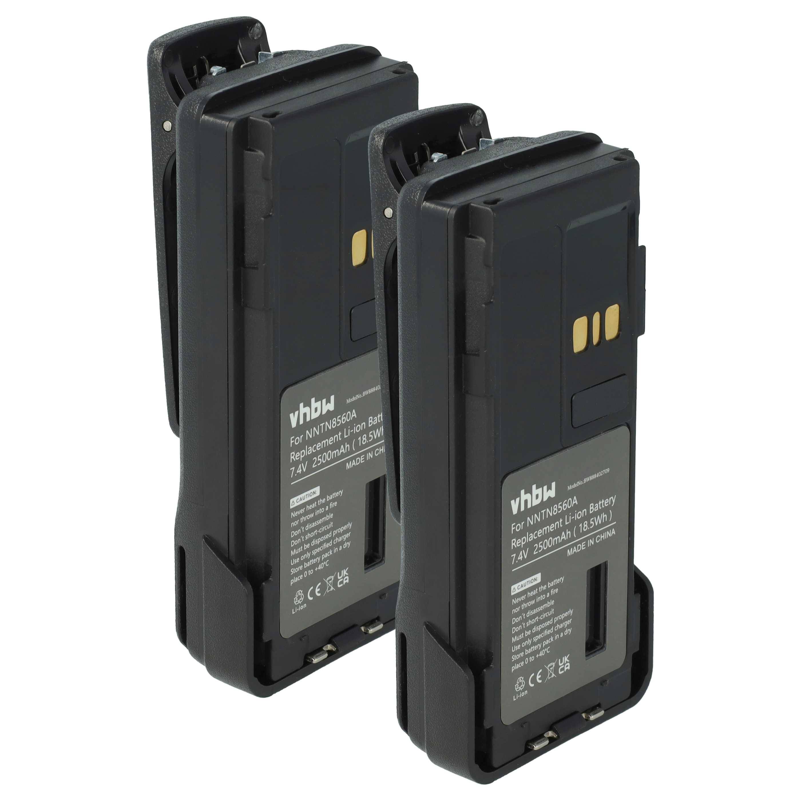 Zwei schwarze VHBW-markierte Akkupacks für Geräte mit Nikon-Kompatibilität, jeweils mit 7,2V und 5300mAh gekennzeichnet, stehend nebeneinander.