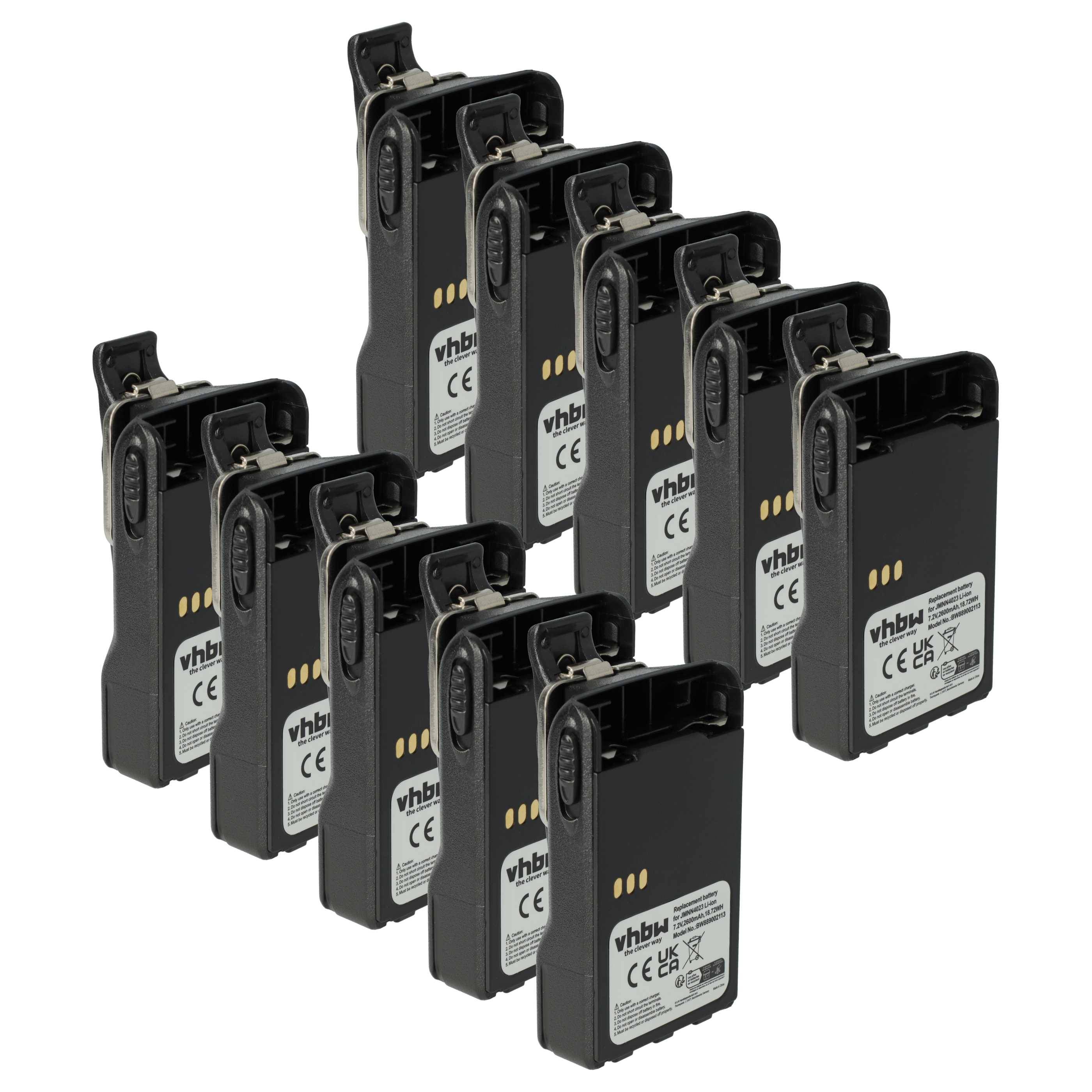 Zehn schwarze vhbw Batterien, in zwei Reihen angeordnet, mit sichtbaren Etiketten und Anschlüssen auf der Oberseite, vor einem einfarbigen Hintergrund.