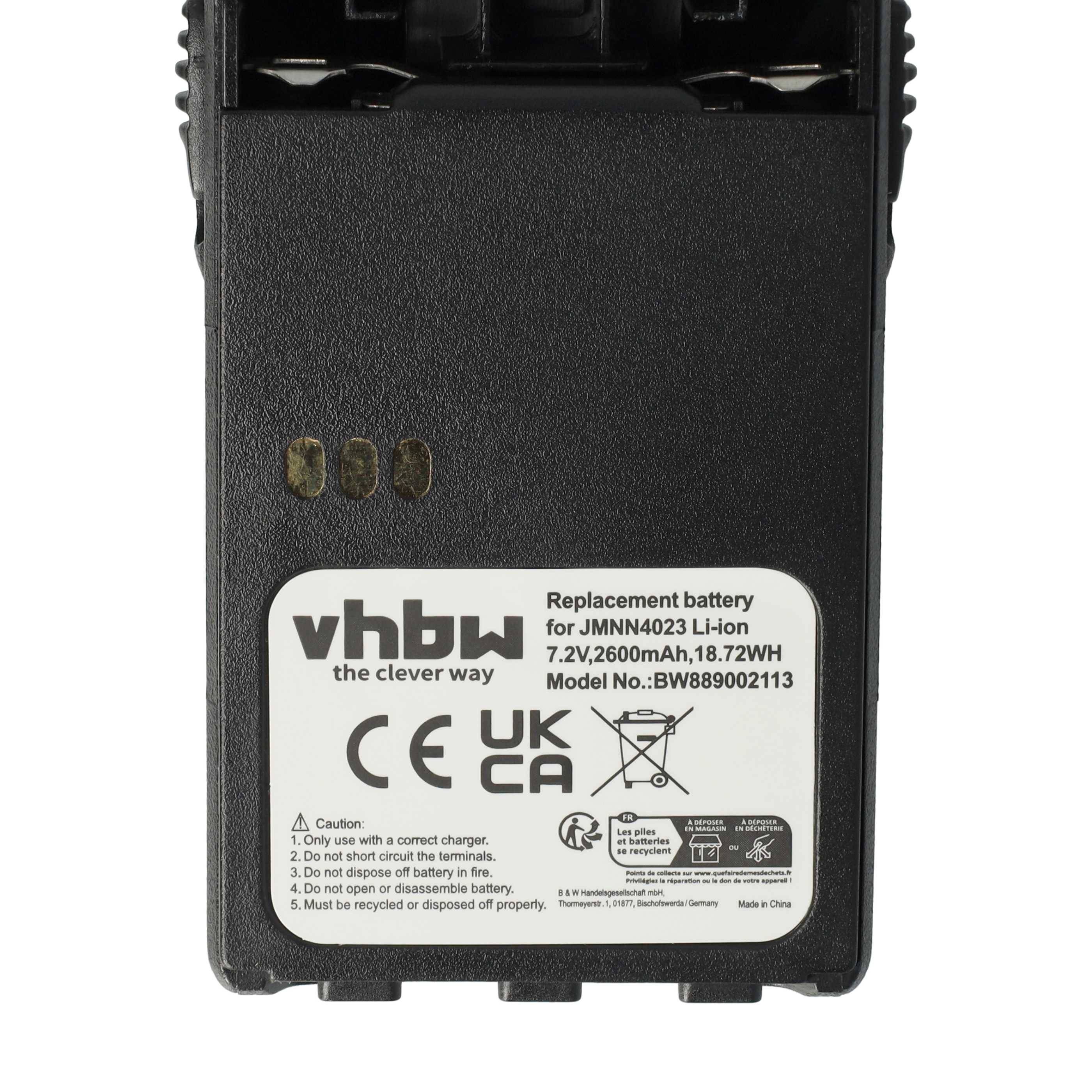Akku mit Beschriftung: 'vhbw Ersatzakku für JMNB4023 Li-Ion, 7,2V, 2600mAh, 18,72Wh'. Enthält Modell- und Konformitätsinformationen.
