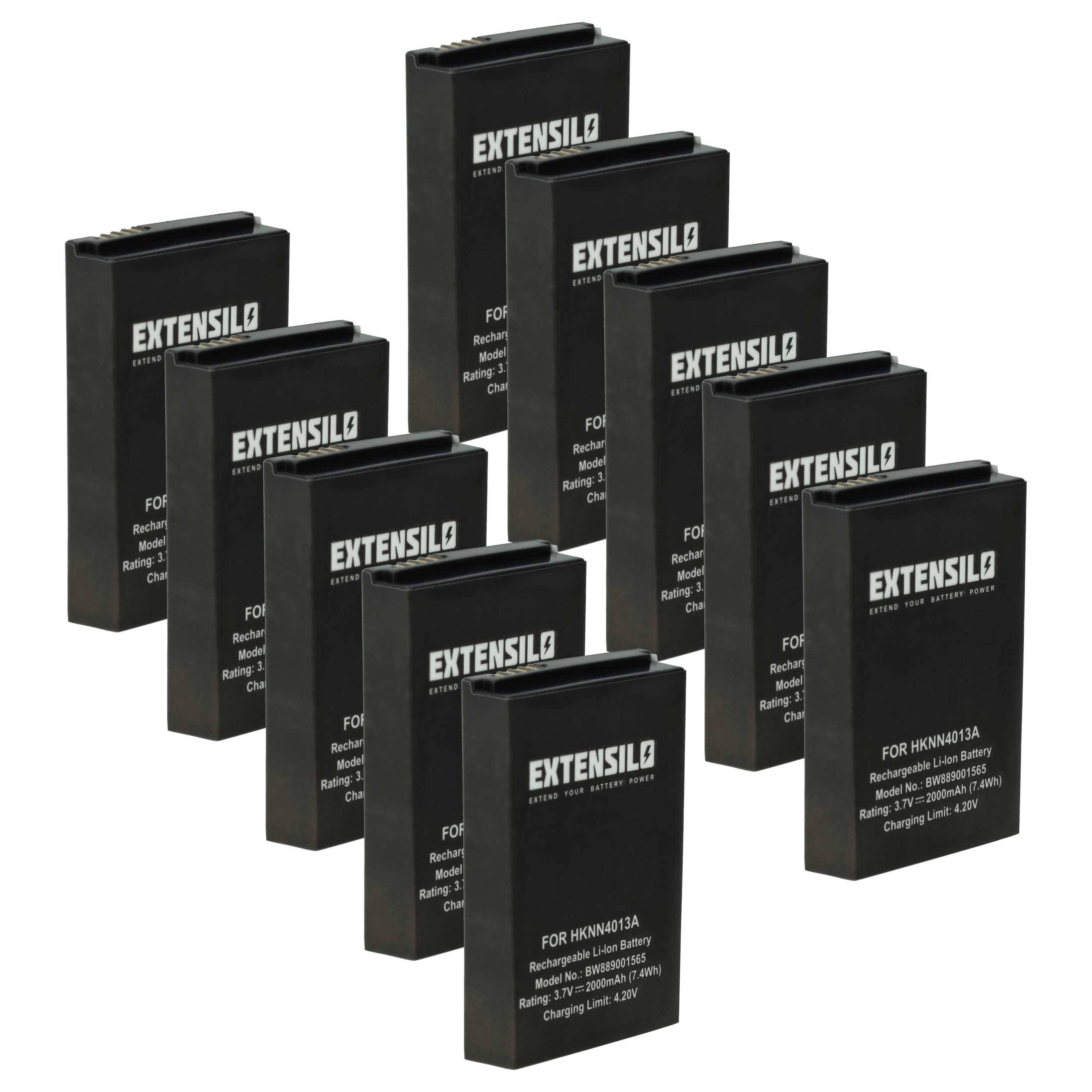 Zehn schwarze Extensilo-Akkus des Modells HNN9018A sind zu einer Gruppe angeordnet. Jeder Akku zeigt Spannungs- und Ladungsdetails.
