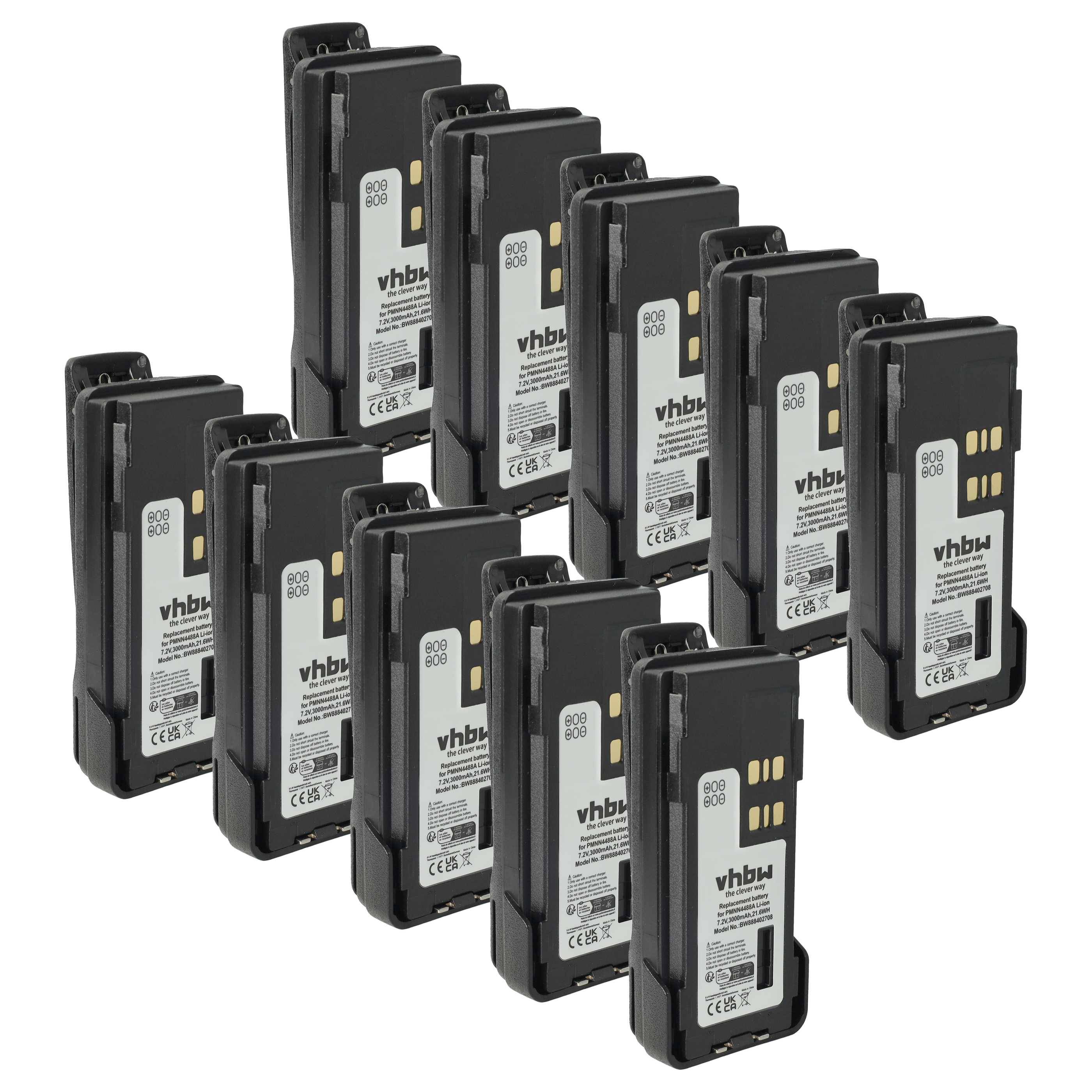 Ein Satz von zehn identischen schwarzen Batterien der Marke vhbw, in zwei versetzten Reihen angeordnet, geeignet für den Einsatz mit Motorola-Funkgeräten.