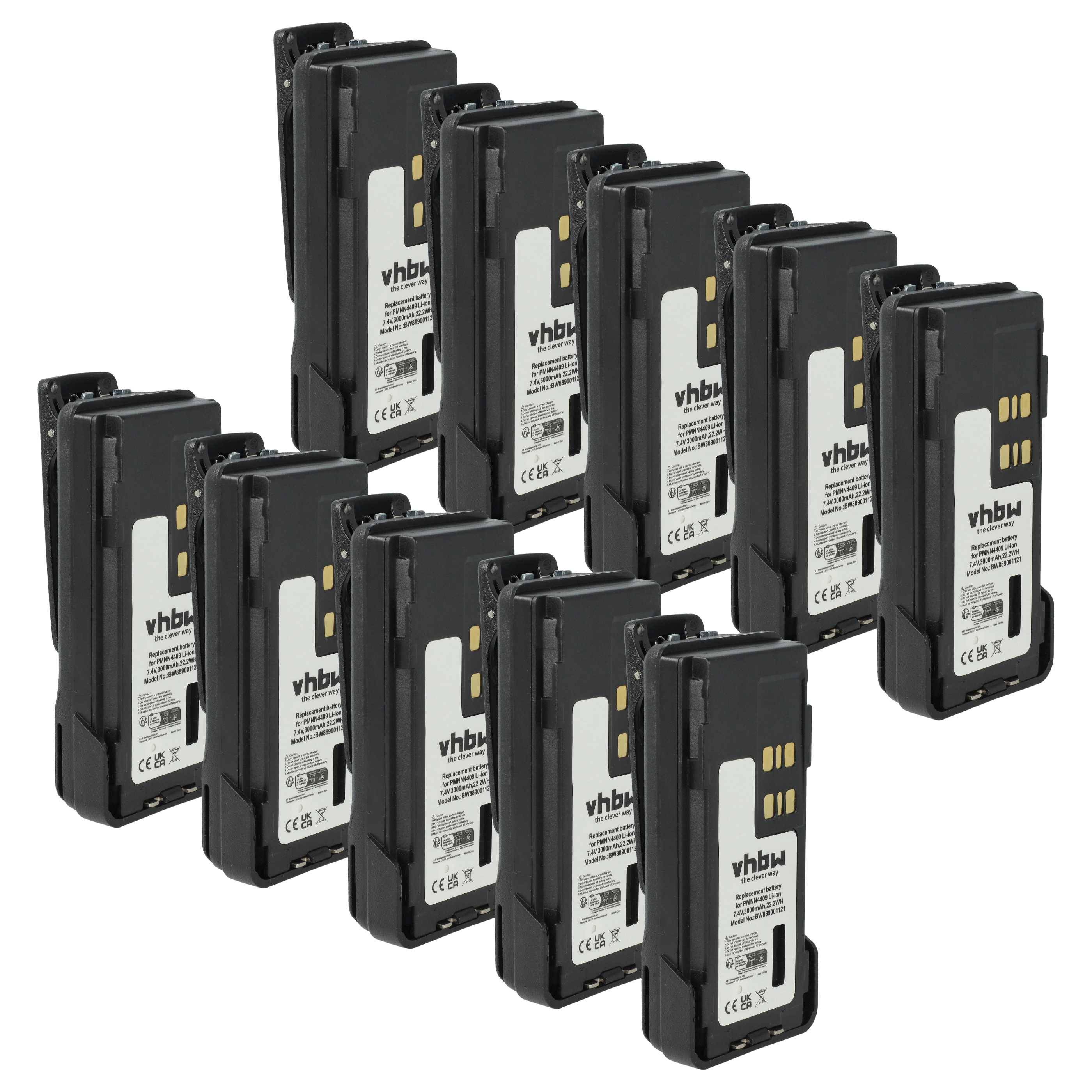 Zehn VHBW-Batteriepackungen, in Reihen angeordnet, jede mit sichtbaren elektrischen Kontakten und Etikett mit Spezifikationen.