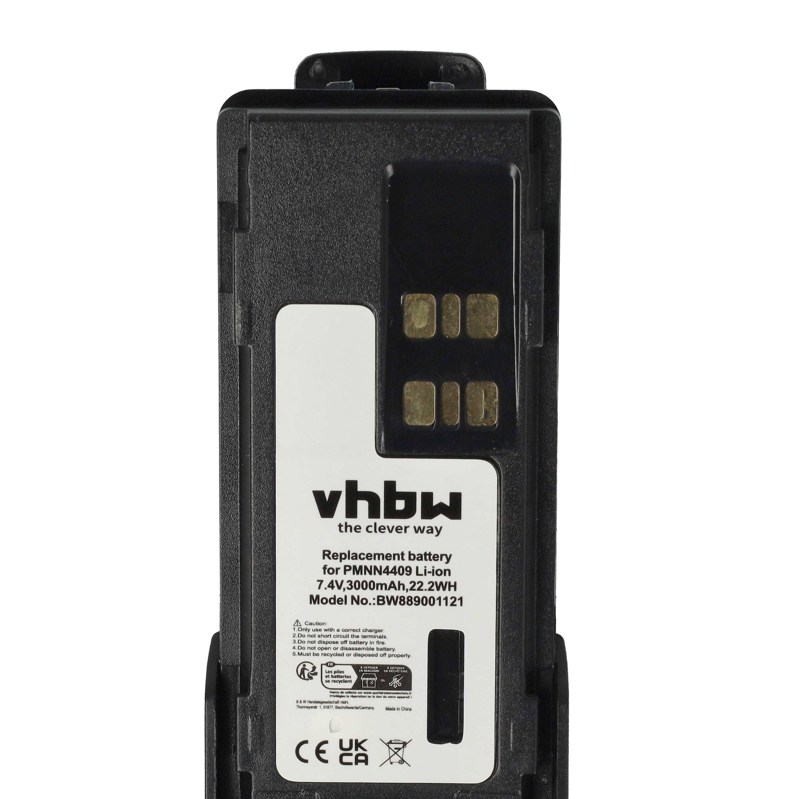 Akkupack mit 'vhbw'-Branding, gekennzeichnet als Ersatzakku für PMNN4499 Li-Ion 7,4V 3000mAh 22,2Wh. Modell-Nr.: BW803001121.