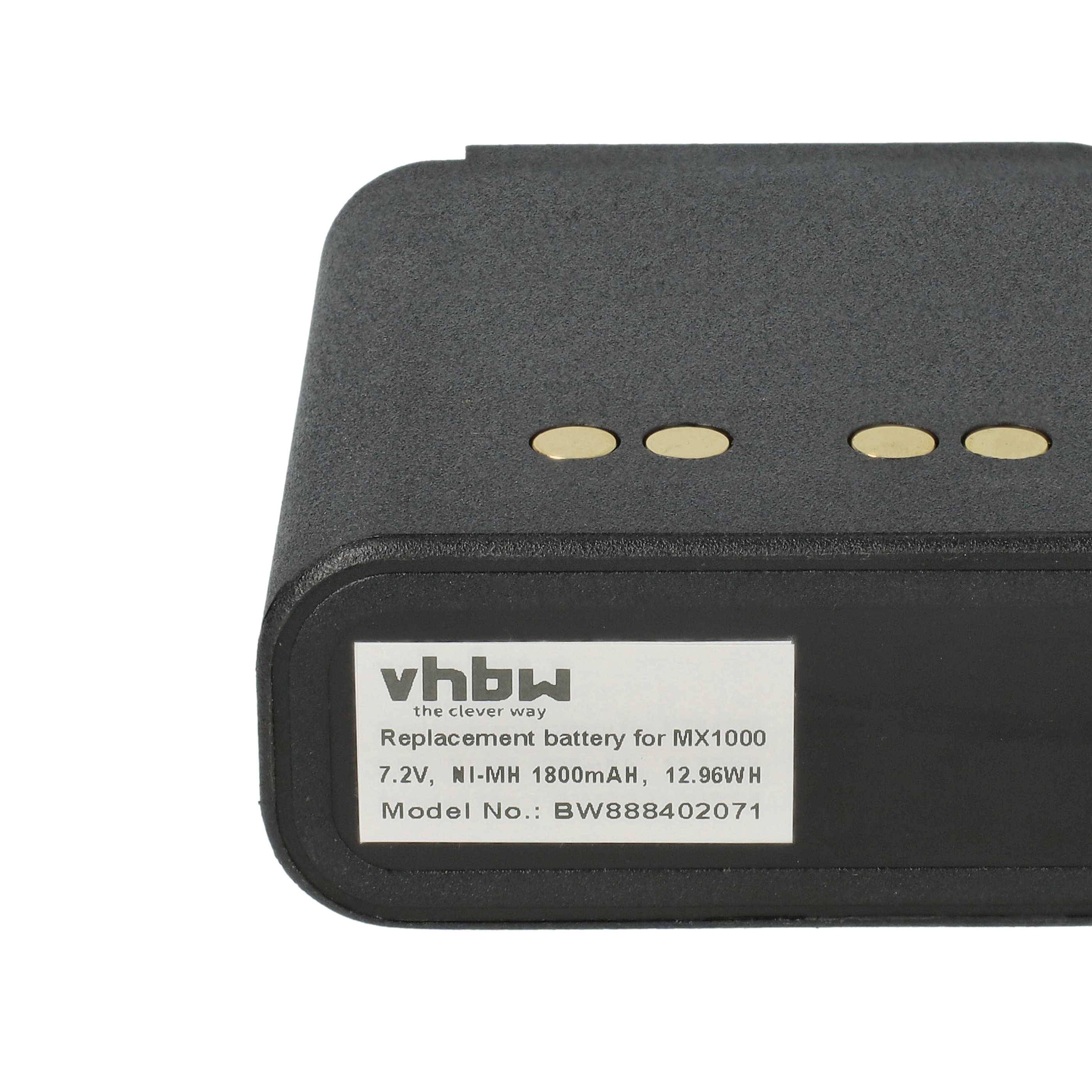 Akkupack beschriftet als 'vhbw Ersatzakku für MX1060W', 7,2V, 1800mAh, 12,96Wh. Modell-Nr.: BW888402071. Schwarzes Gehäuse.
