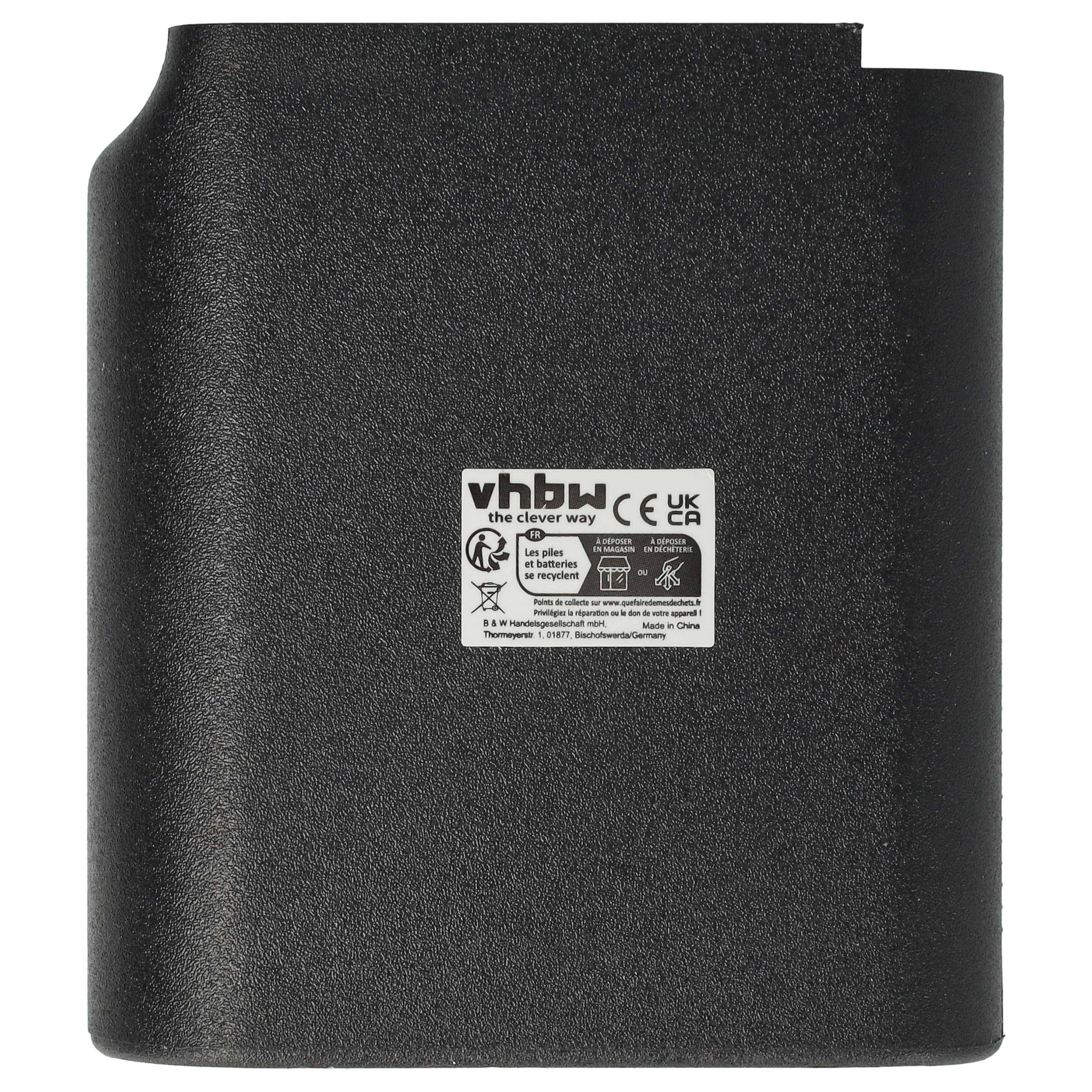 Eine schwarze Batterie mit der Aufschrift 'vhbw', versehen mit CE- und UKCA-Kennzeichnungen sowie Produktinformationen einschließlich Modellnummer, Spannung und Kompatibilität.