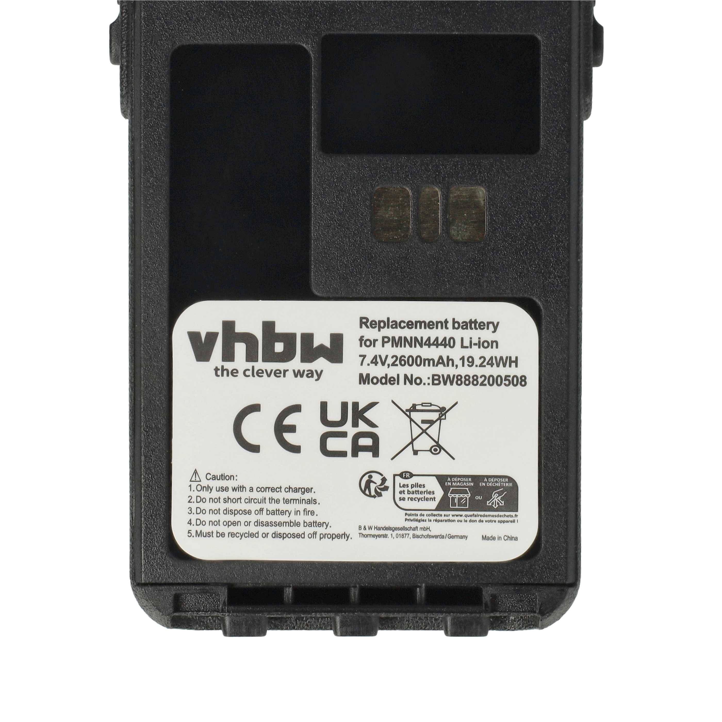 Akku mit Bezeichnung 'vhbw Ersatz für PMNN4440 Li-Ion-Akku, 7,4V, 2600mAh, 19,24Wh'. Inklusive Recycling- und Sicherheitssymbolen.