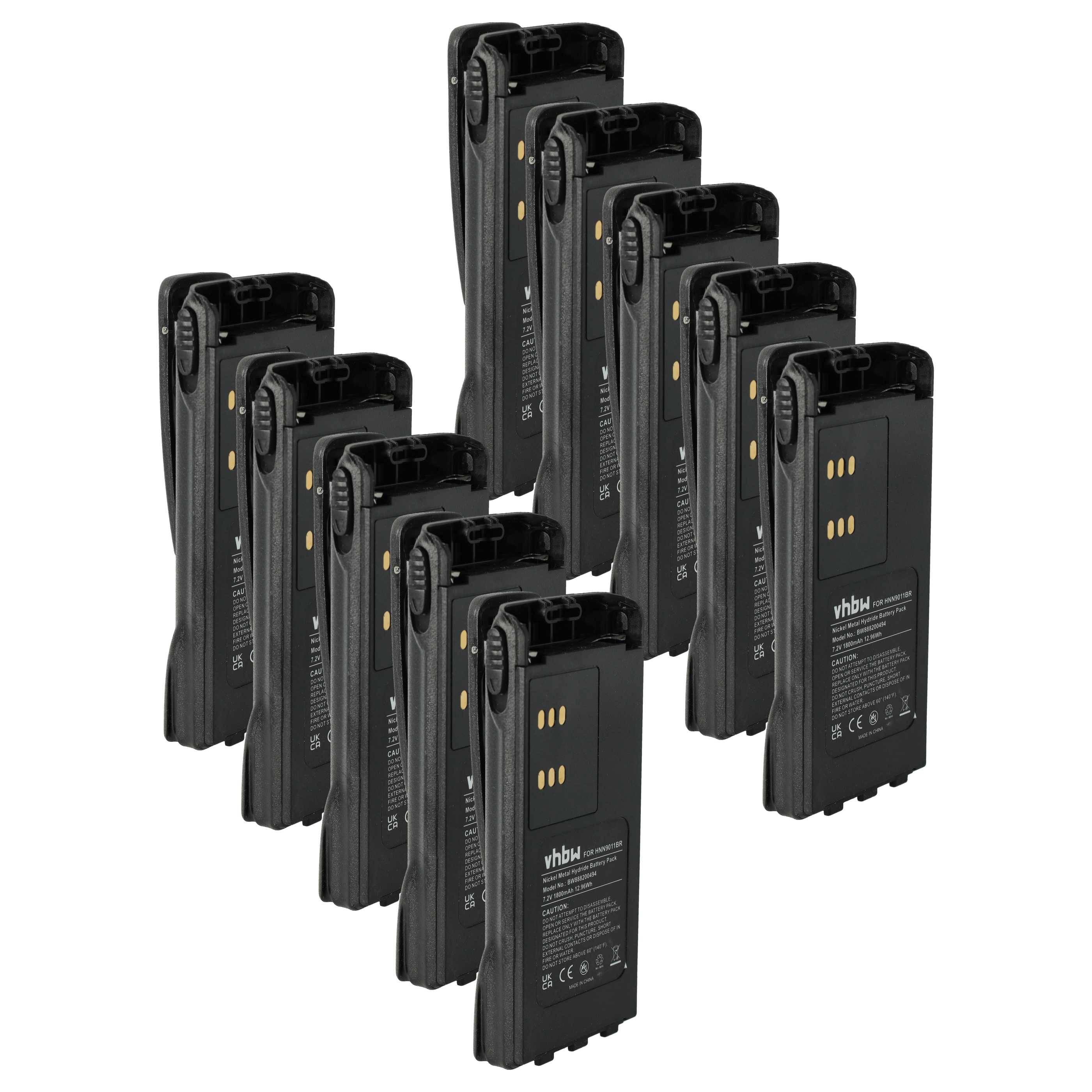 Eine Reihe von zehn identischen schwarzen wiederaufladbaren Batterien, die aufrecht stehen, die Rückseite zeigen und mit technischen Spezifikationen beschriftet sind.