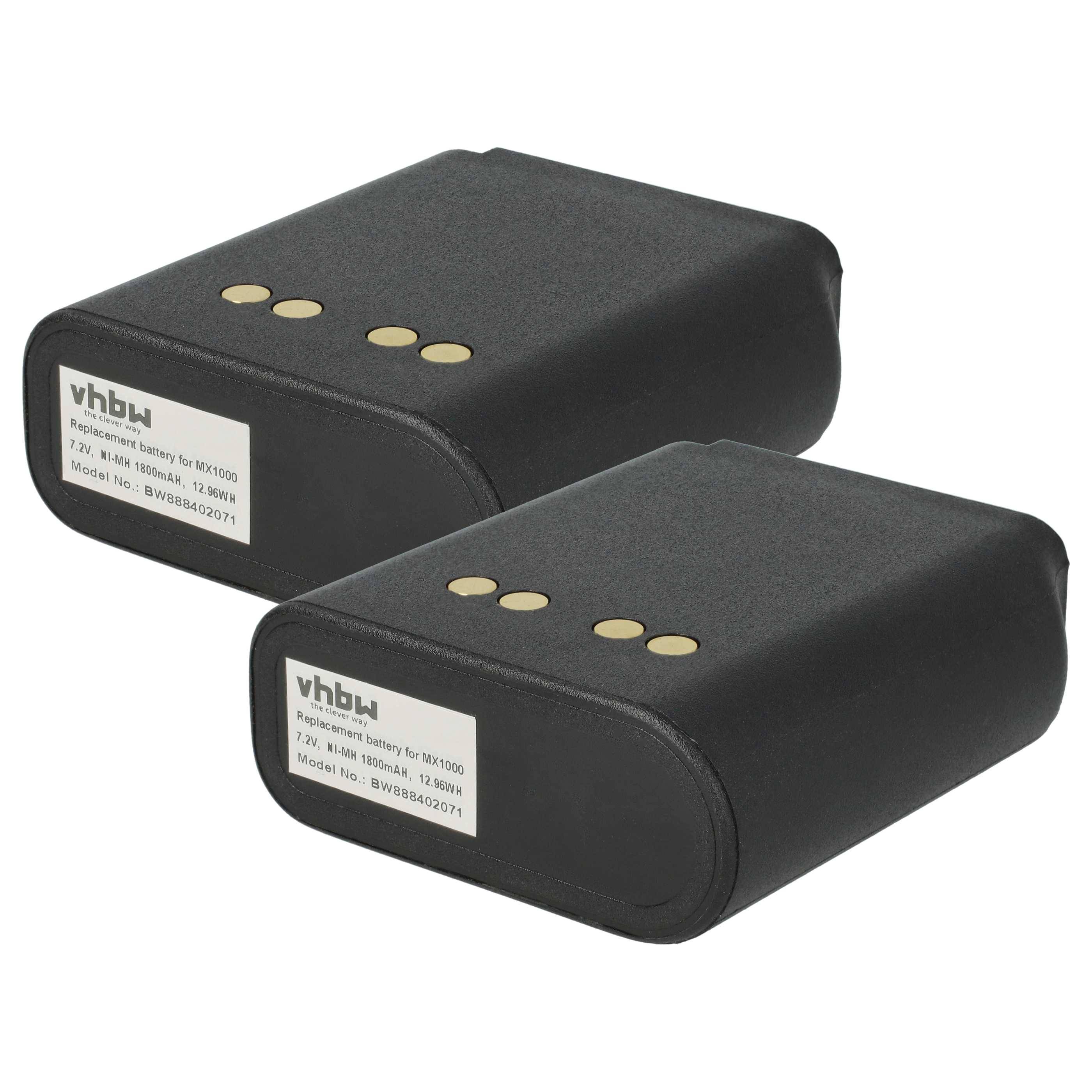 Zwei schwarze rechteckige Batterien mit goldenen Kontaktpunkten. Jede mit der Aufschrift 'vhbw' versehen, die Modellnummer und Spannungsspezifikationen zeigt.