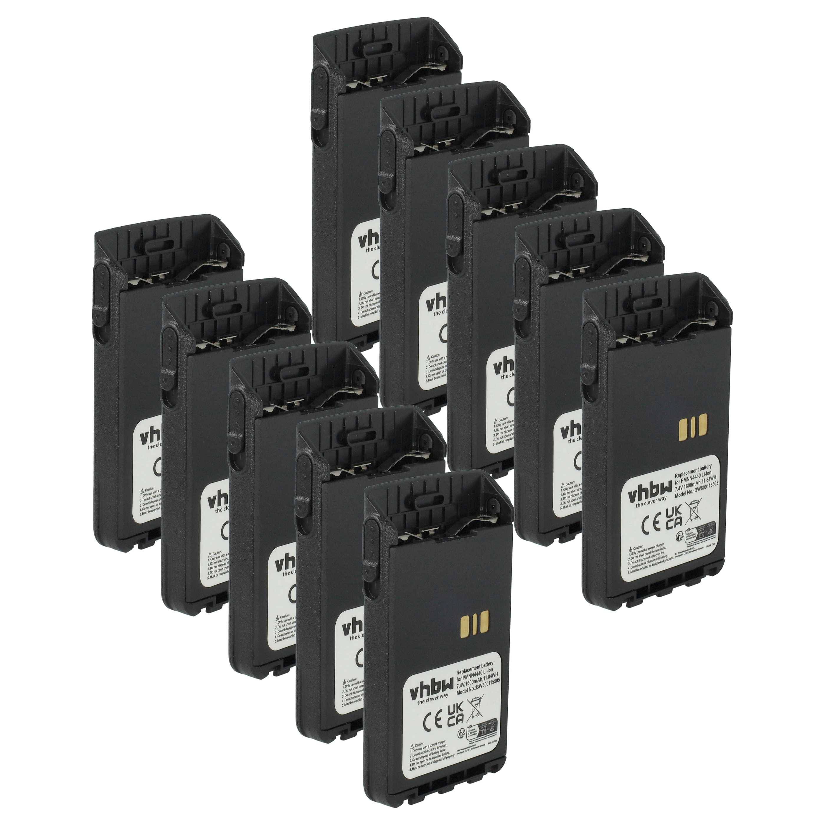 Ein Satz von zehn identischen schwarzen vhbw Batterien, die jeweils mit Konformitätszertifizierungen gekennzeichnet sind und in zwei Reihen dem Betrachter zugewandt angeordnet sind.