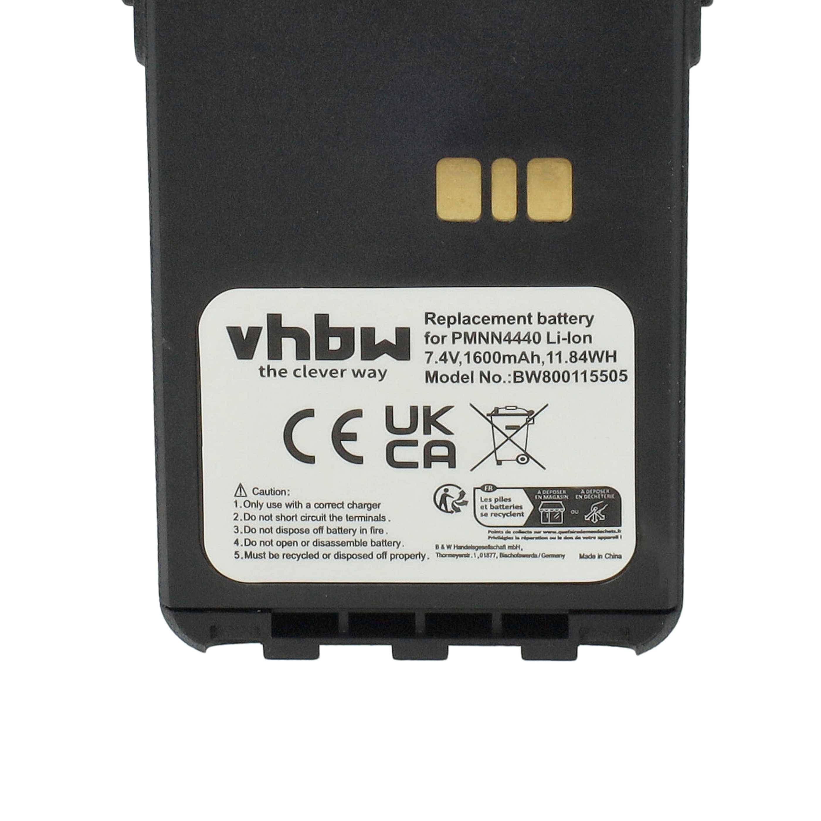 Ersatzbatterie für VHBW Modellnummer BW800115505, Li-Ion, 7,4V, 1600mAh, 11,84Wh, CE UK CA zertifiziert, mit Warnhinweissymbolen.