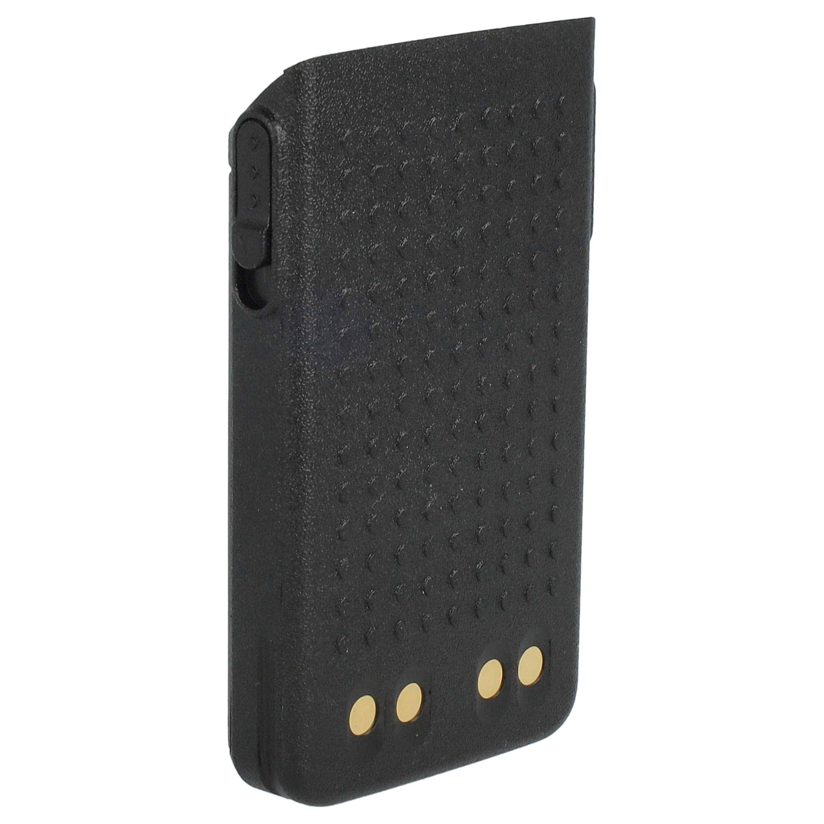 Rechteckiger schwarzer Walkie-Talkie-Akku mit strukturierter Oberfläche und drei goldenen Kontakten am unteren Ende.