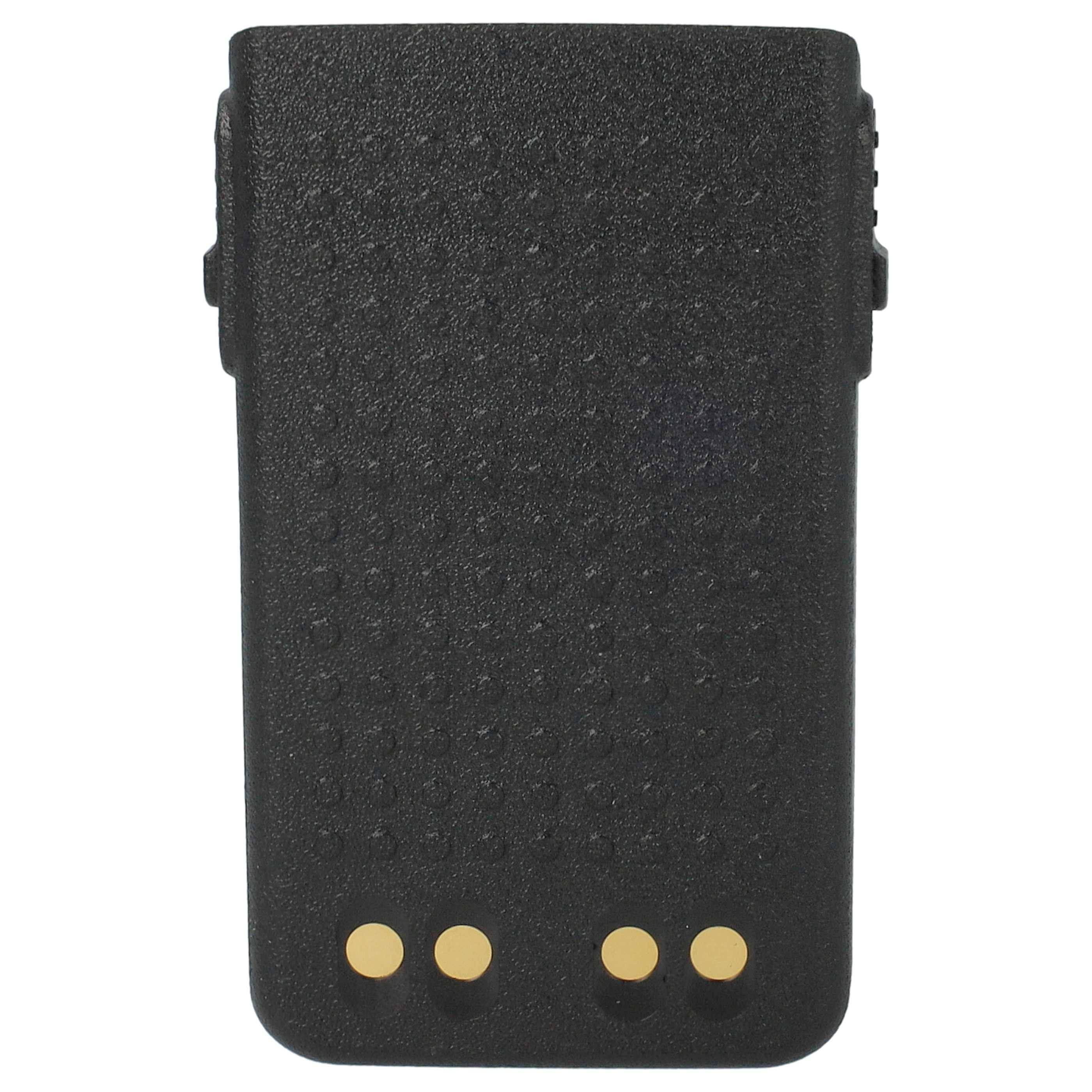 Eine schwarze Walkie-Talkie-Batterie mit einer texturierten Oberfläche, die drei goldene Kontaktpunkte am unteren Ende zeigt.